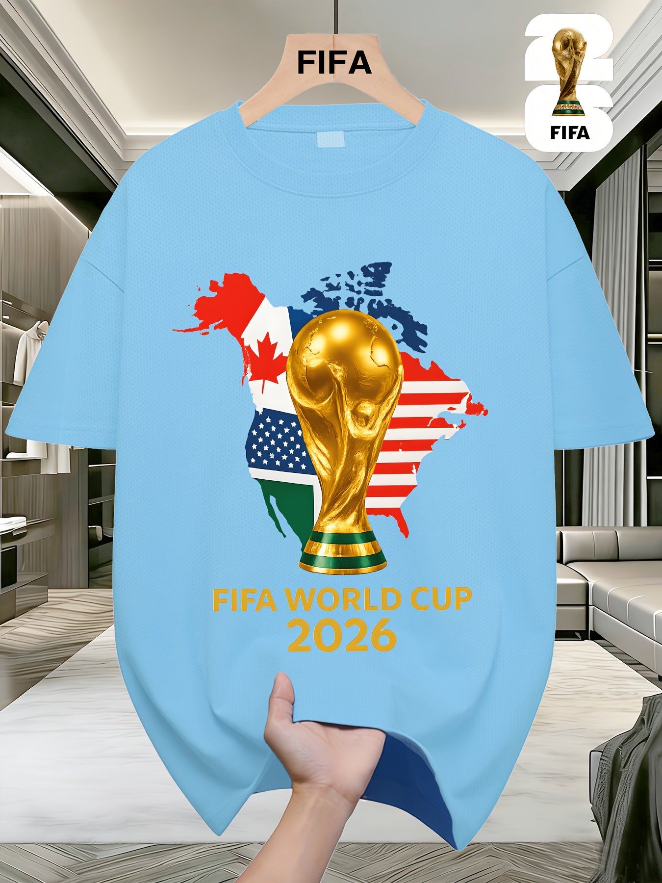FIFA World Cup Football Brightly Patterned T-shirts from the USA, Canada, and Mexico, Featuring Street-style Prints, Fun Printed Short Sleeves, Perfect for Casual Attire, Men's and Women's Styles, and Suitable as a Birthday Gift for Sports Fans.