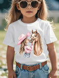 Girls' Summer Short Sleeve T-Shirt with Kissable Horse & Mara' Cartoon Patch - Pink Casual Round Neck Blouse for Equestrian Outfits NY-DX7632