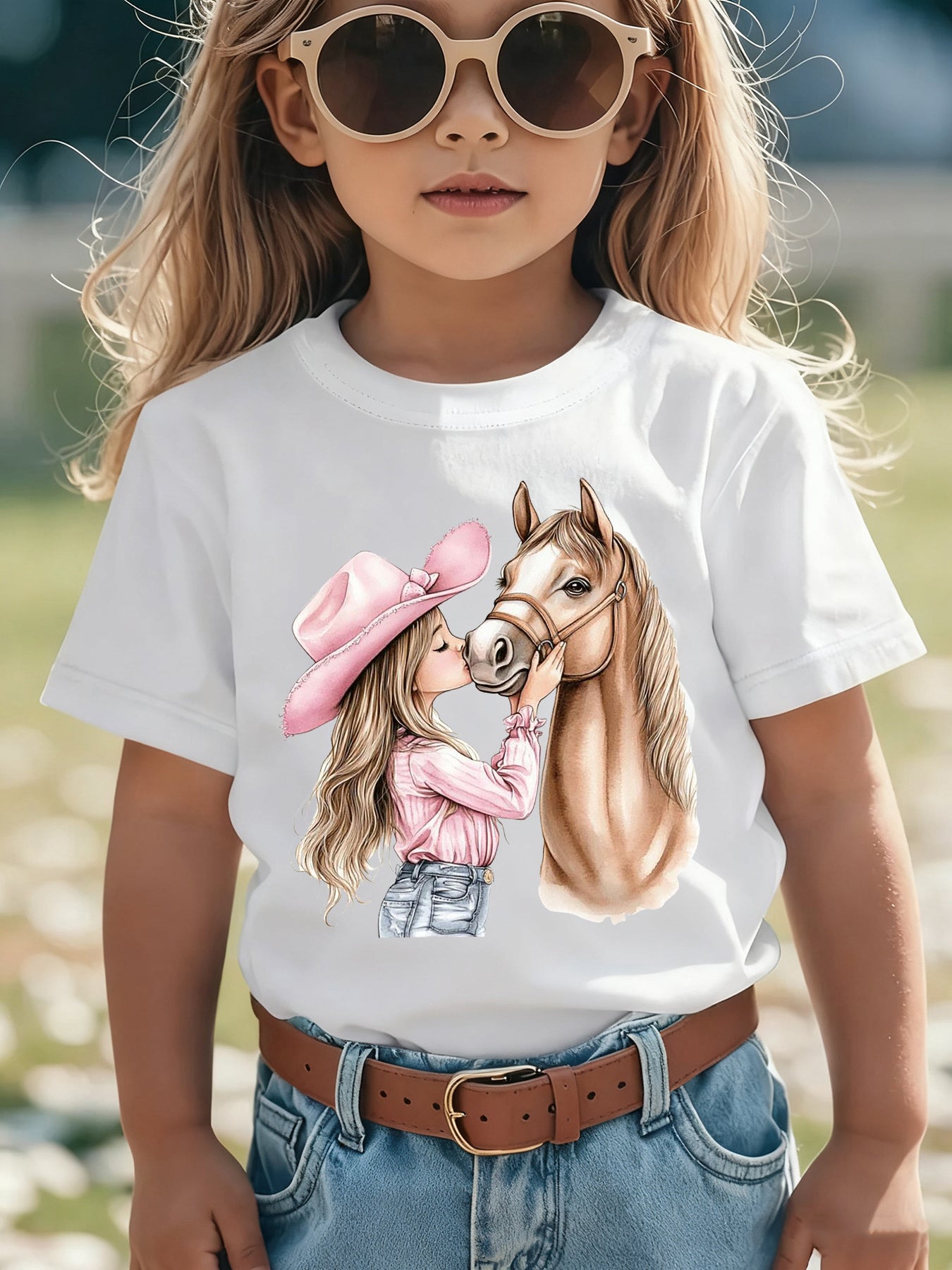 Girls' Summer Short Sleeve T-Shirt with Kissable Horse & Mara' Cartoon Patch - Pink Casual Round Neck Blouse for Equestrian Outfits NY-DX7632