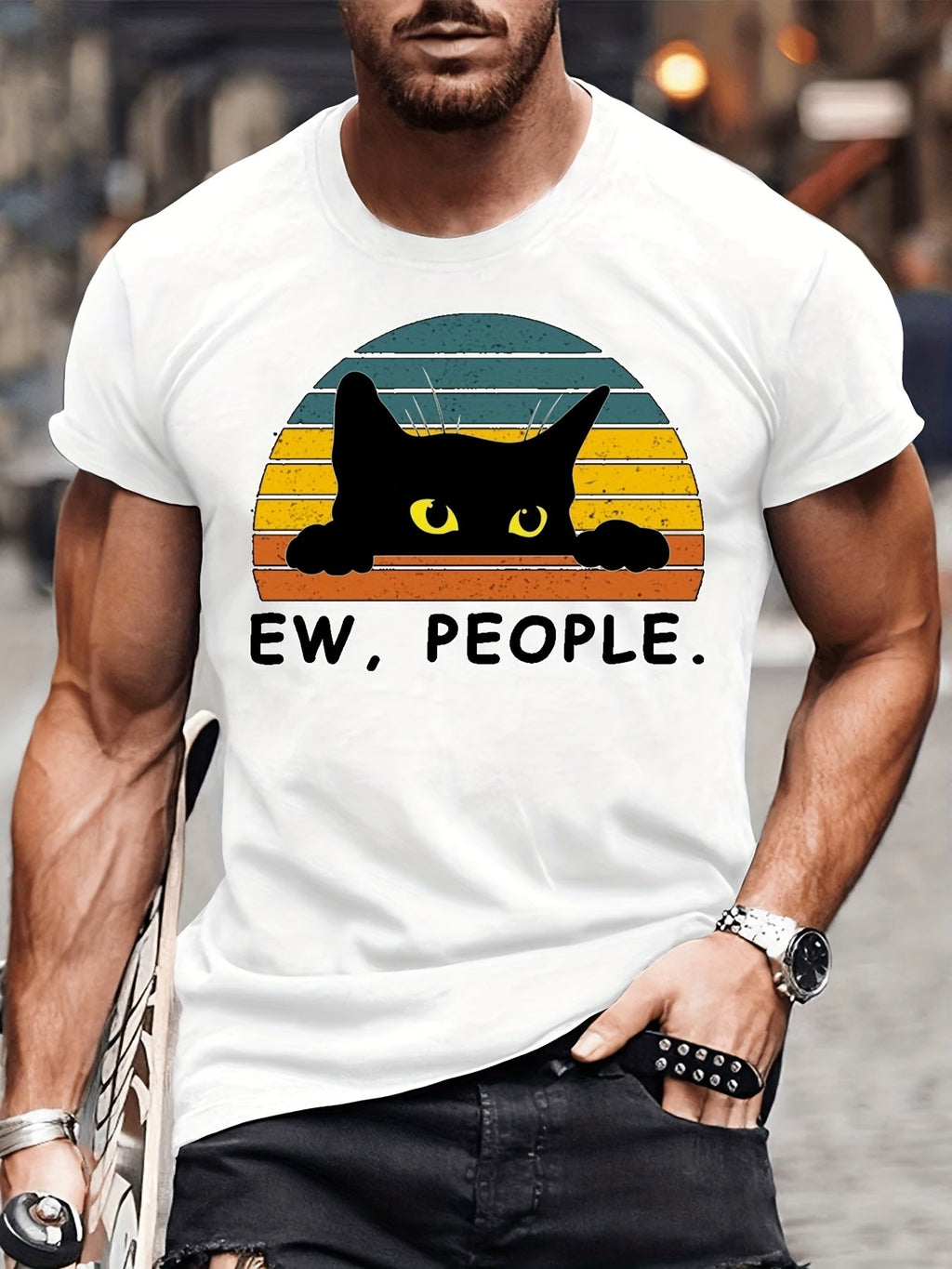 Men's Casual Trendy Black Cat Print T-shirt, Short Sleeve Crew Neck Hip Hop Style Tees For Summer Holiday Gift