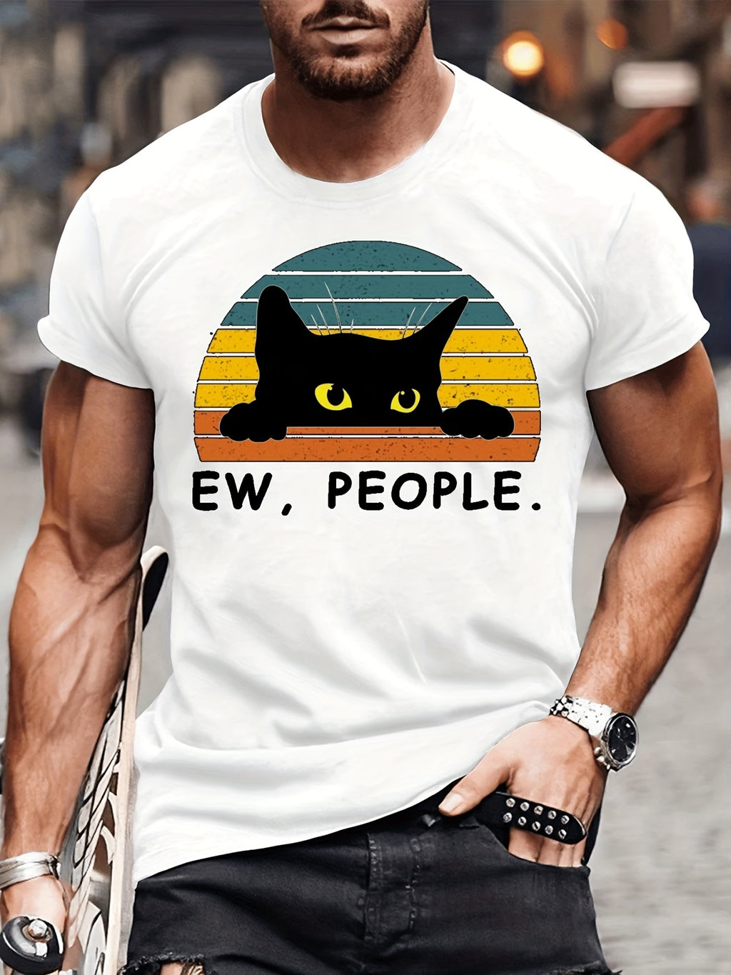 Men's Casual Trendy Black Cat Print T-shirt, Short Sleeve Crew Neck Hip Hop Style Tees For Summer Holiday Gift