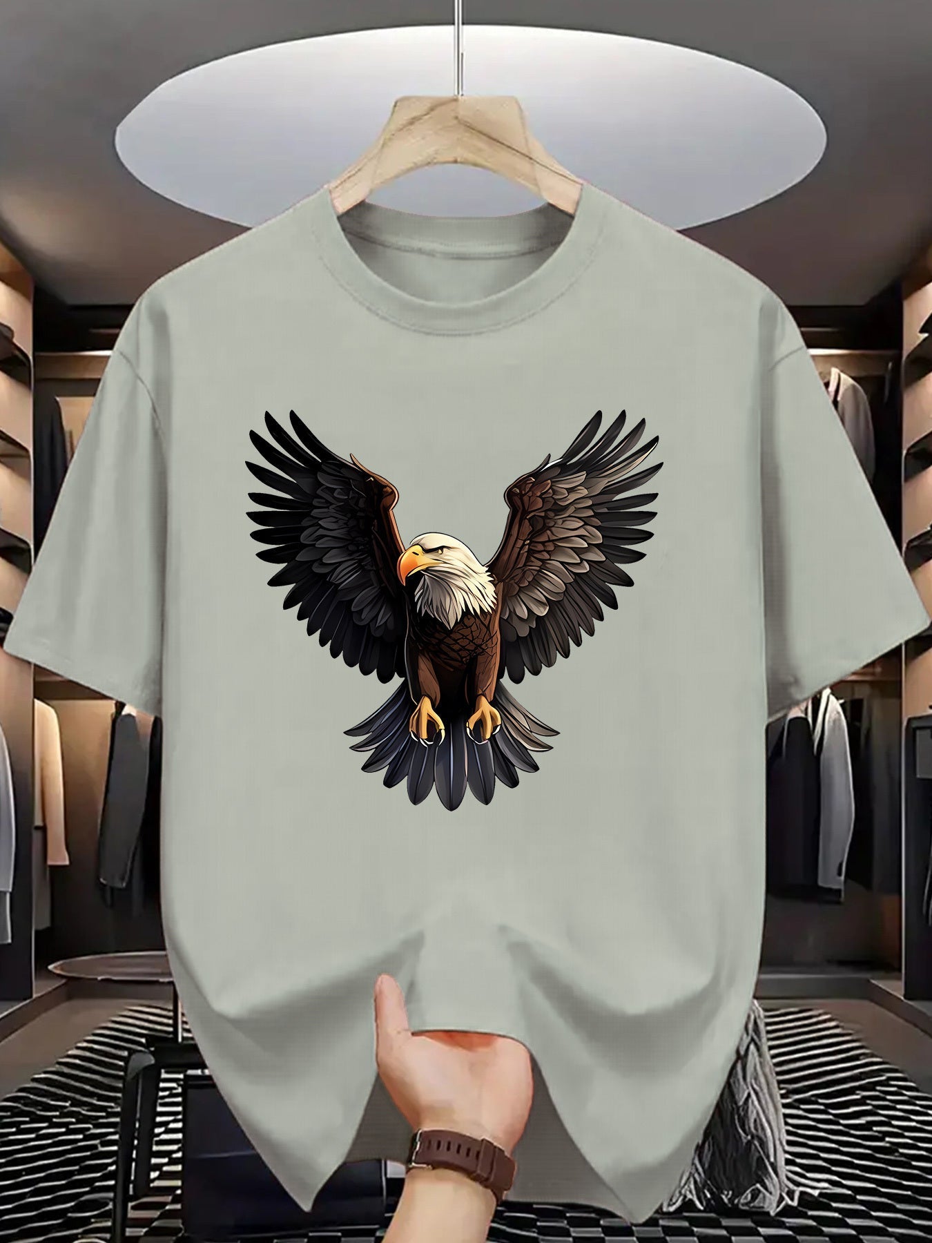 1pc Men'S Summer Fashion Eagle Print Short Sleeve T-Shirt, Casual Crew Neck Polyester Tee with Slight Stretch, Knit Fabric Letter Pattern Print for Adults