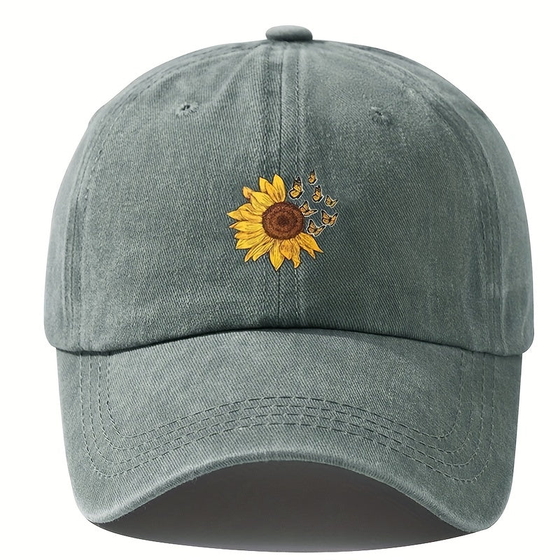 1pc Unisex Sunshade Washed Distressed Baseball Cap With Sunflower Butterfly Pattern For Outdoor Sport, Ideal choice for Gifts