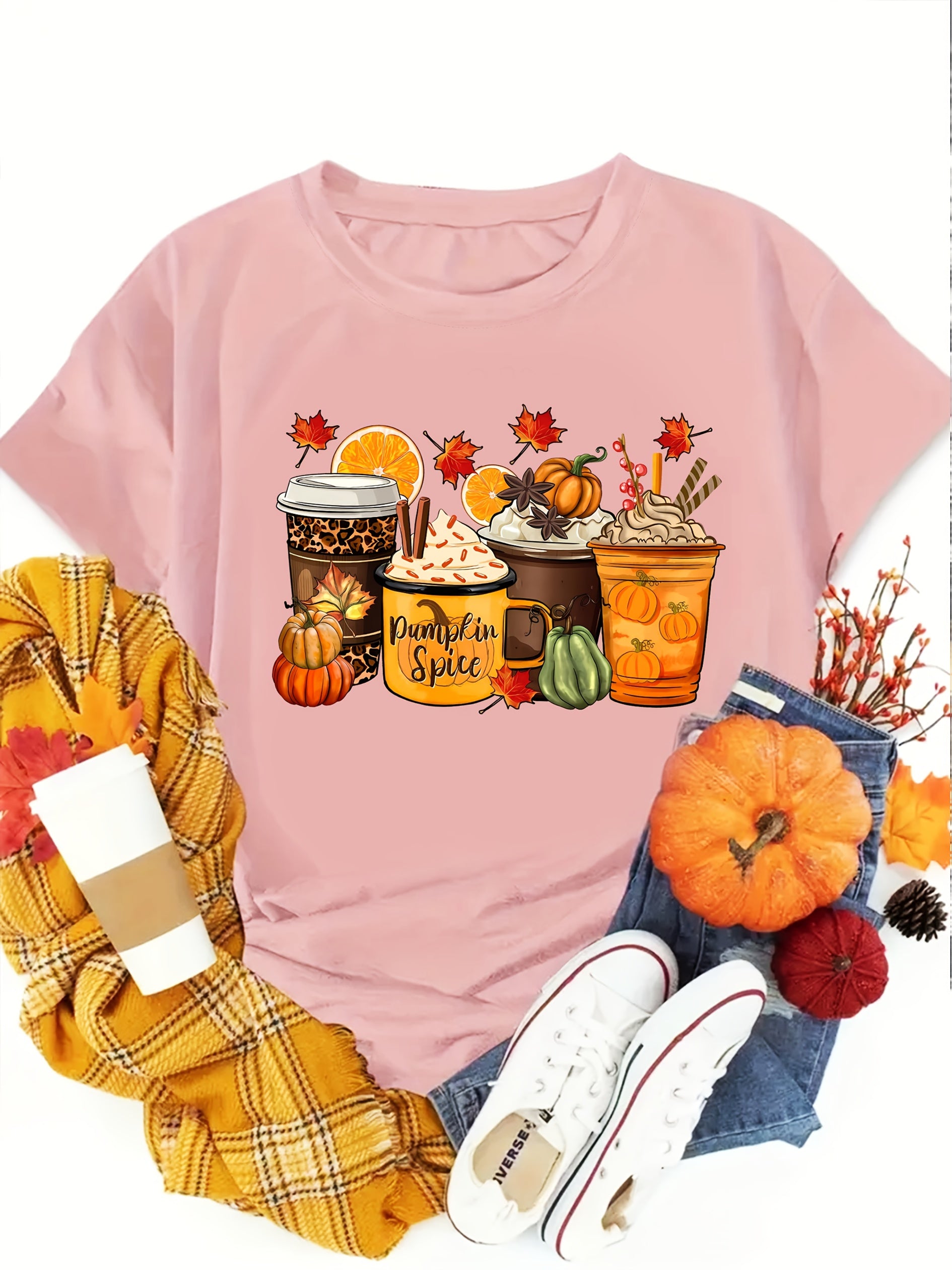 Women'S Short-Sleeve Round Neck T-Shirt with Pumpkin Spice Print