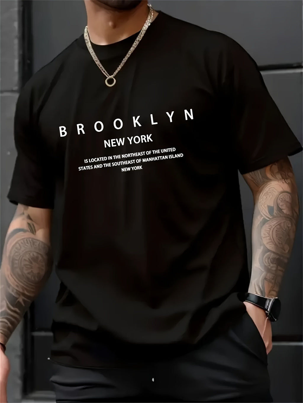 1pc Men's Casual Brooklyn Print T-Shirt, Polyester Knit Fabric, Round Neck, Regular Fit, Soft and Comfortable, Summer Graphic Tee for Adults