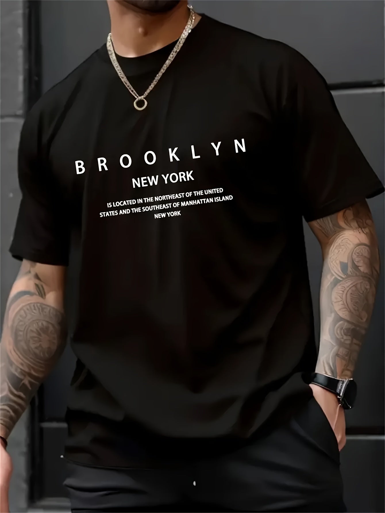 1pc Men's Casual Brooklyn Print T-Shirt, Polyester Knit Fabric, Round Neck, Regular Fit, Soft and Comfortable, Summer Graphic Tee for Adults