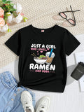 A Charming And Laid-Back Cartoon-Patterned Letter Tee for Girls, Perfect for Summer with Its Short Sleeves And Round Neck Design