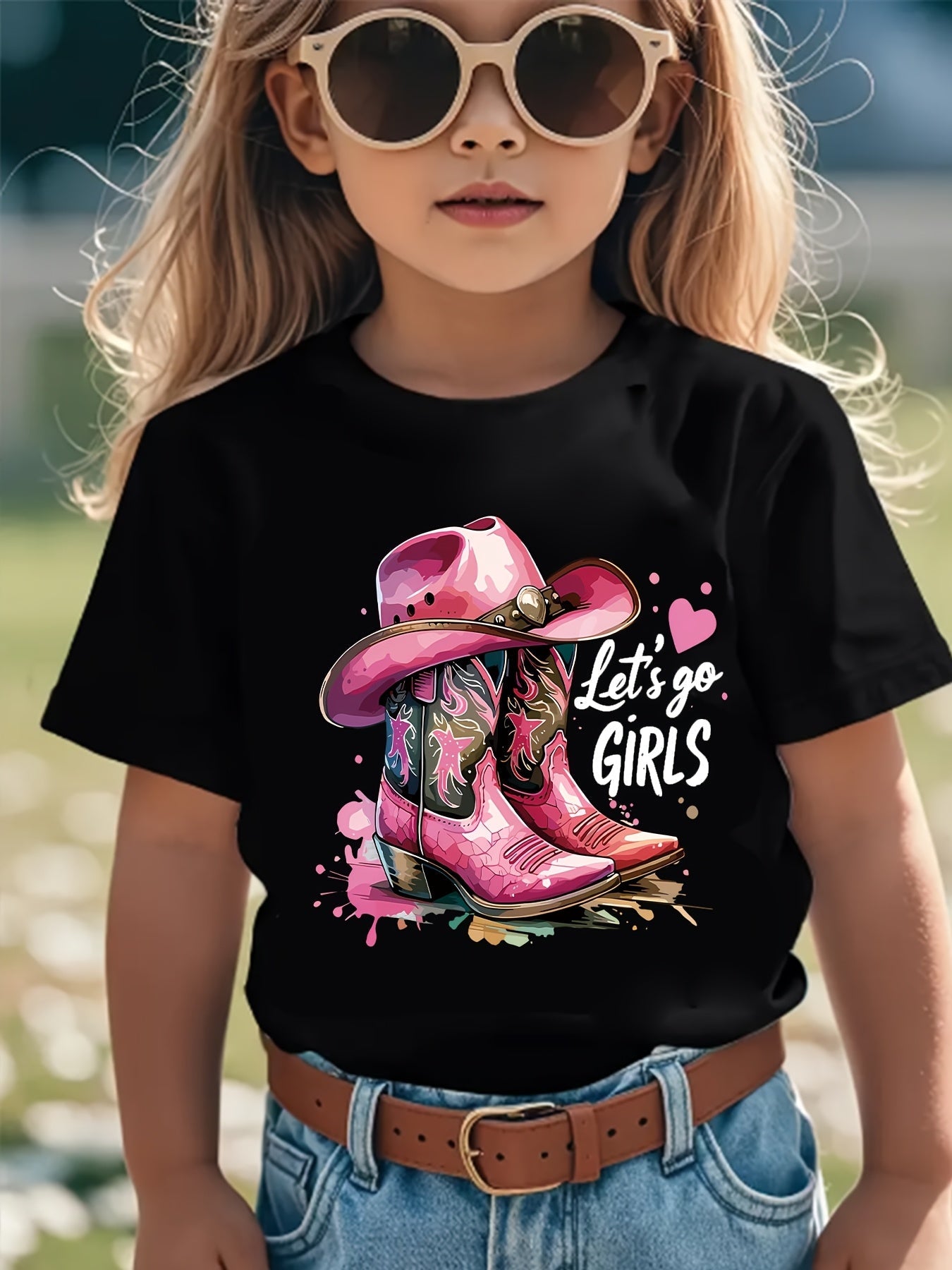 Fashion Vintage Girls Summer T-Shirt, Stylish Cowboy Boots Pattern Print T-Shirt, Let'S Go, Girls Letter Print T-Shirt, Trendy Toddler Girls T-Shirt, Casual And Light Comfortable Crew Neck Short Sleeve T-Shirt, Girls' Clothing