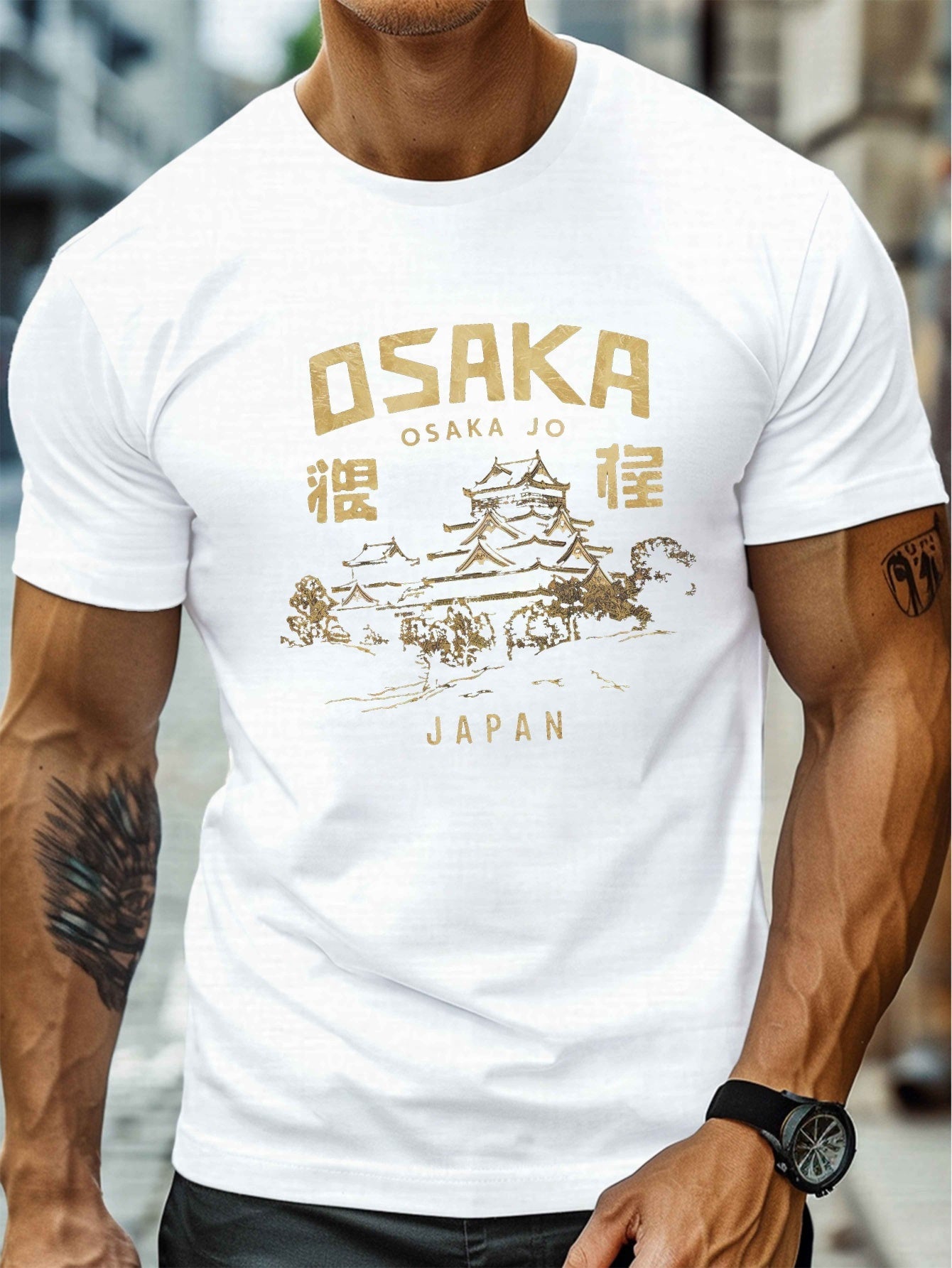 Osaka Jo Castle Illustration Print, Men's Round Crew Neck Short Sleeve Tee, Casual T-ShirtCasual Comfy Lightweight Top for Summer