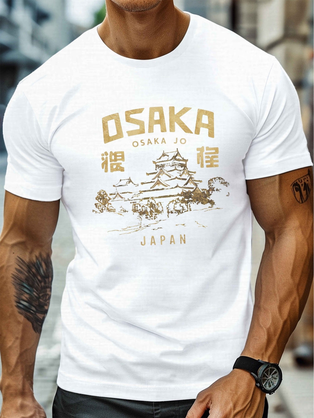 Osaka Jo Castle Illustration Print, Men's Round Crew Neck Short Sleeve Tee, Casual T-ShirtCasual Comfy Lightweight Top for Summer