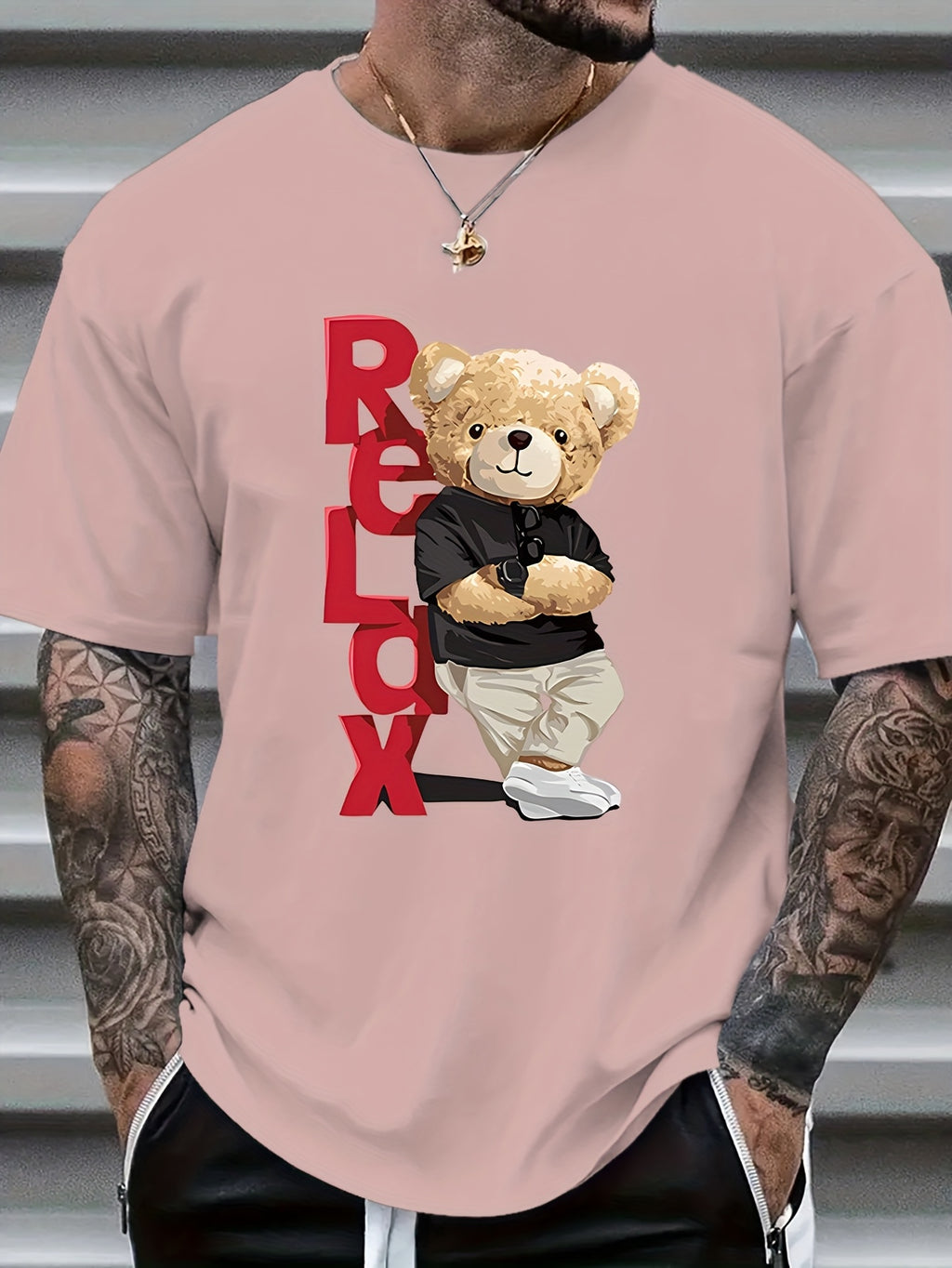 Men's Bear Print Short Sleeve T-Shirt - Summer Casual Round Neck Tee with Bear & Beech Tree Ink Drawing, Comfortable Regular Fit, Machine Washable Opaque Shirt for Outdoor & Casual Attire - In Stock ()