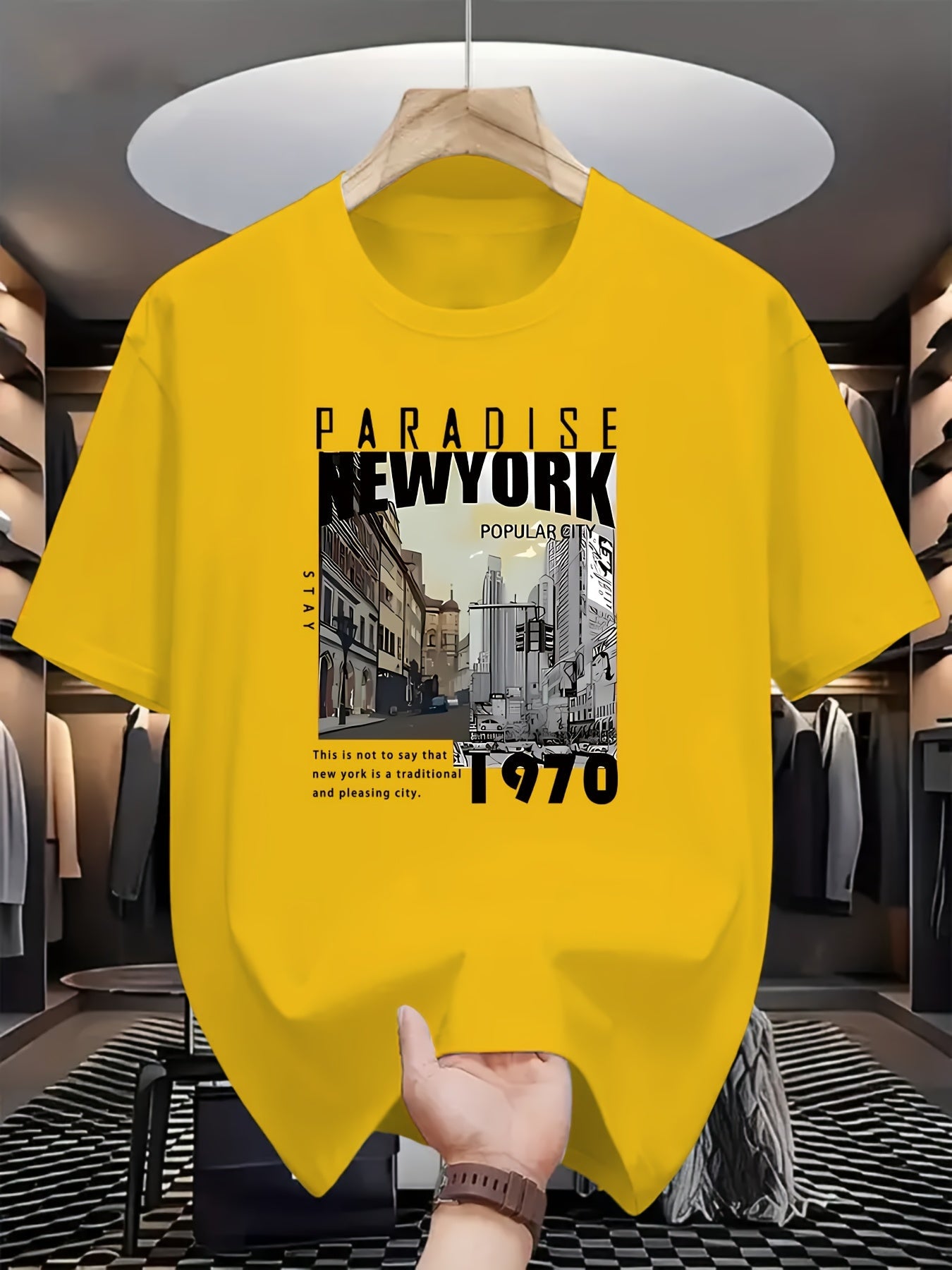 Men'S Fashion Casual PARADISE NEW YORK Print Regular Short Sleeve T-Shirt, Comfortable And Versatile
