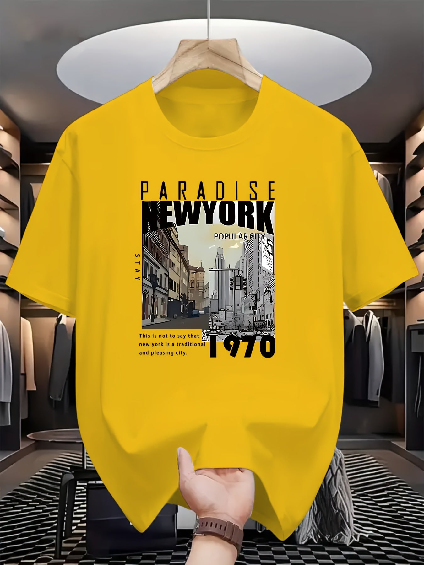 Men'S Fashion Casual PARADISE NEW YORK Print Regular Short Sleeve T-Shirt, Comfortable And Versatile