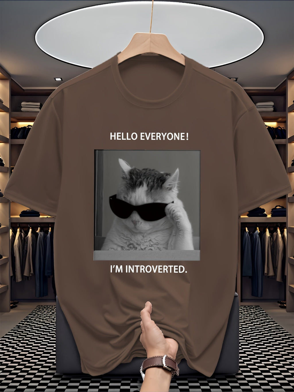 Men's "Pretending to Be Socially Awkward" Cat Letter Print Versatile Casual Sporty Short-Sleeve T-Shirt