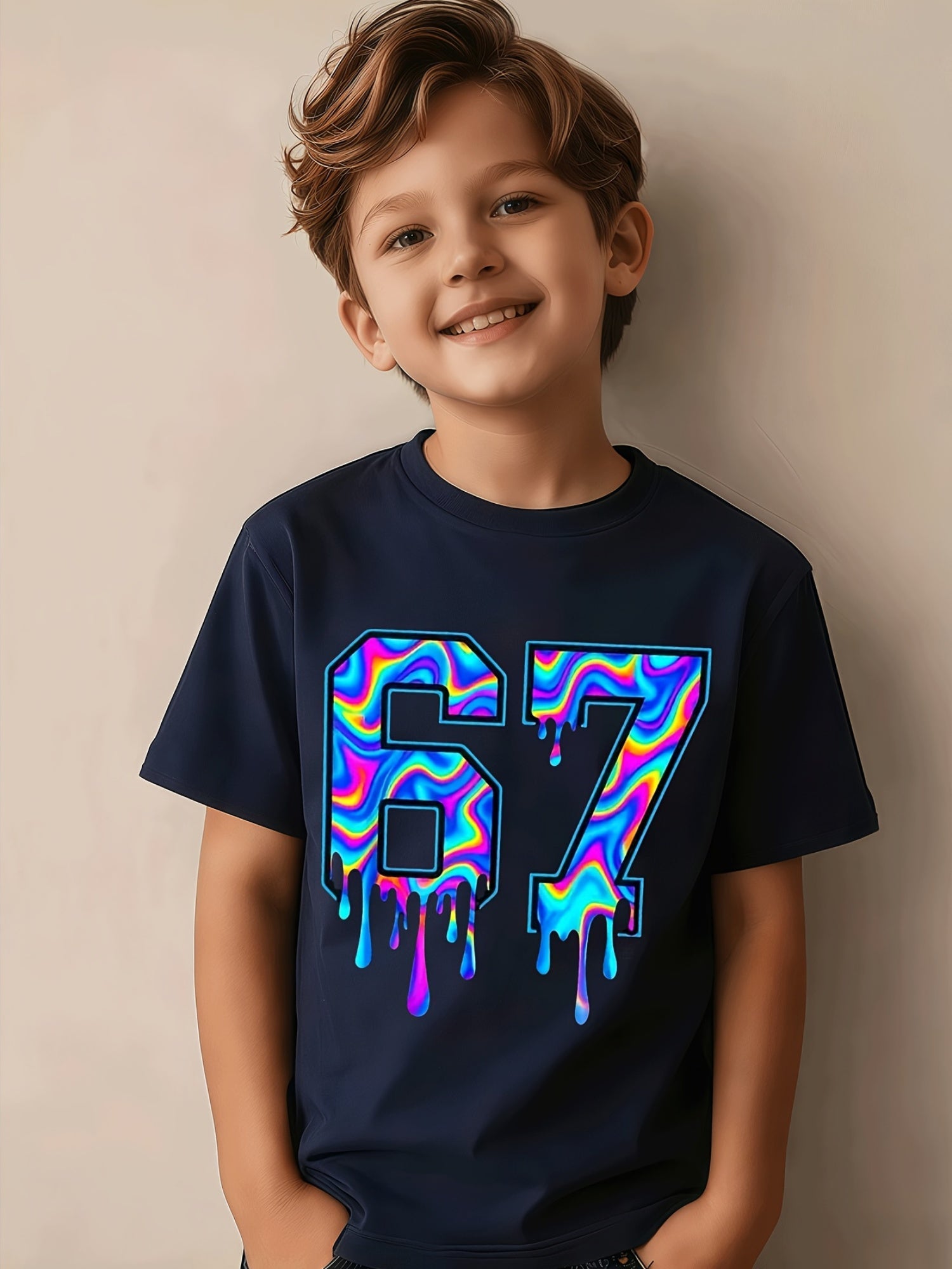 Soft And Breathable Vortex Six Seven Drops 6 7 Boys And Girls Pattern T-Shirt - Crew Neck Shirt, Suitable for Early Elementary School - Birthday Party Clothes Or Everyday Play Clothes - Easy-Care Parent-Favorite Clothes, Casual Wear