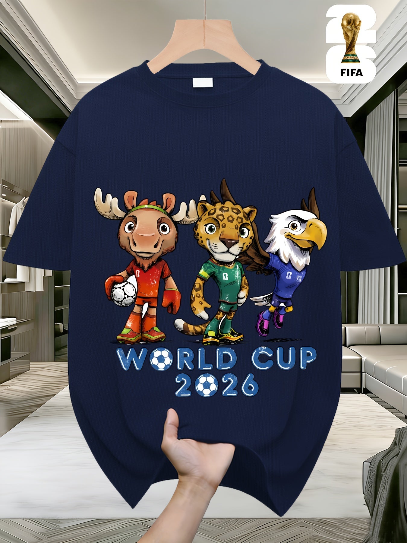 FIFA World Cup Football Men's Fashionable Short-sleeved T-shirt with a US, Canada and Mexico Themed Print. A Casual and Comfortable Summer T-shirt with a Cartoon Theme Design, Perfect for Outdoor Summer Wear, Birthday Gifts, and World Cup Presents.
