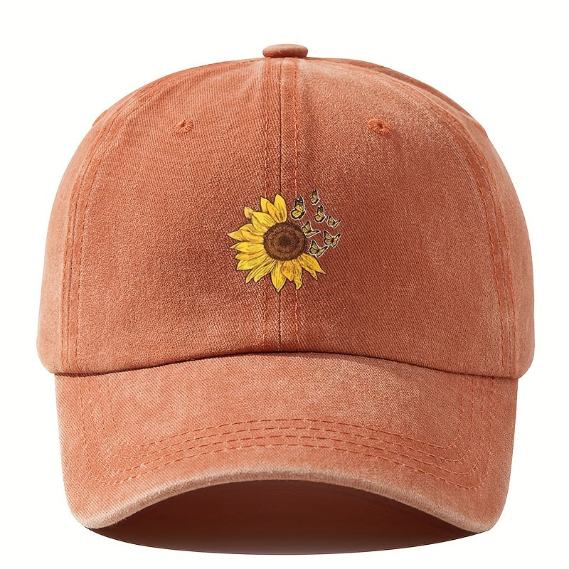 1pc Unisex Sunshade Washed Distressed Baseball Cap With Sunflower Butterfly Pattern For Outdoor Sport, Ideal choice for Gifts