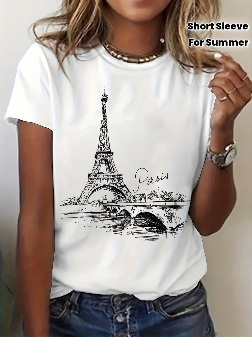 Women's Paris Eiffel Tower T-Shirt - France Travel Aesthetic Short Sleeve Top with Iconic Landmark Print, Crew Neck Casual Blouse for Summer & Spring Wardrobe - French Capital Style