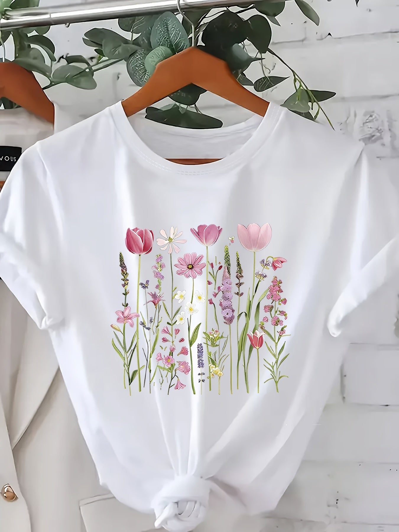 Plus Size - Plus Size - Women'S Floral Letter Print T-Shirt, Casual Round Neck Short Sleeve Top, Comfortable for All Seasons, Machine Washable