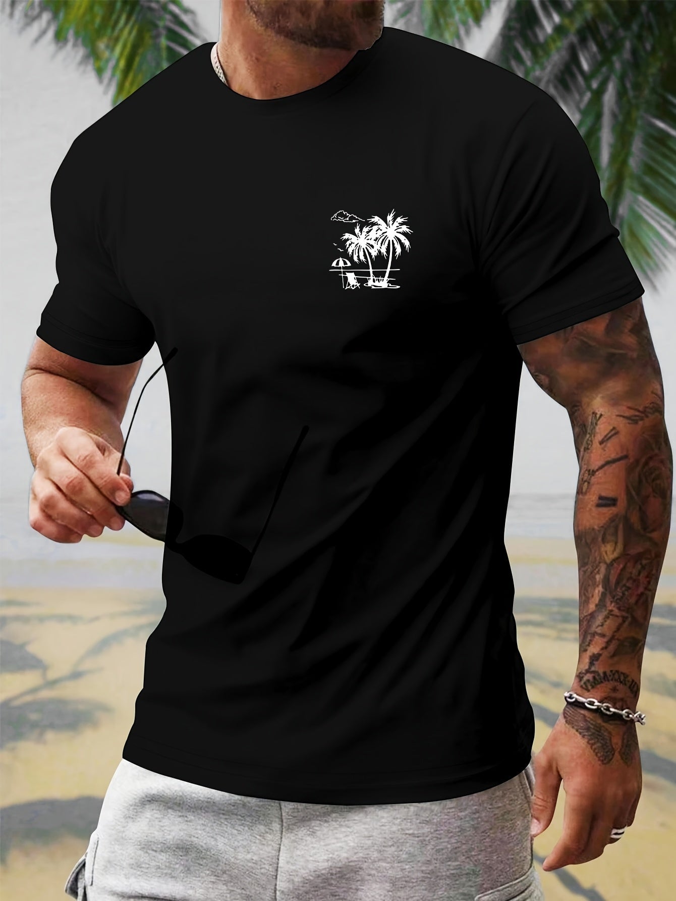 Men's Trendy Coconut Tree Print Regular Fit T-Shirt, Polyester with Elastane, Round Neck, Machine Washable - Summer Collection, Shoulder