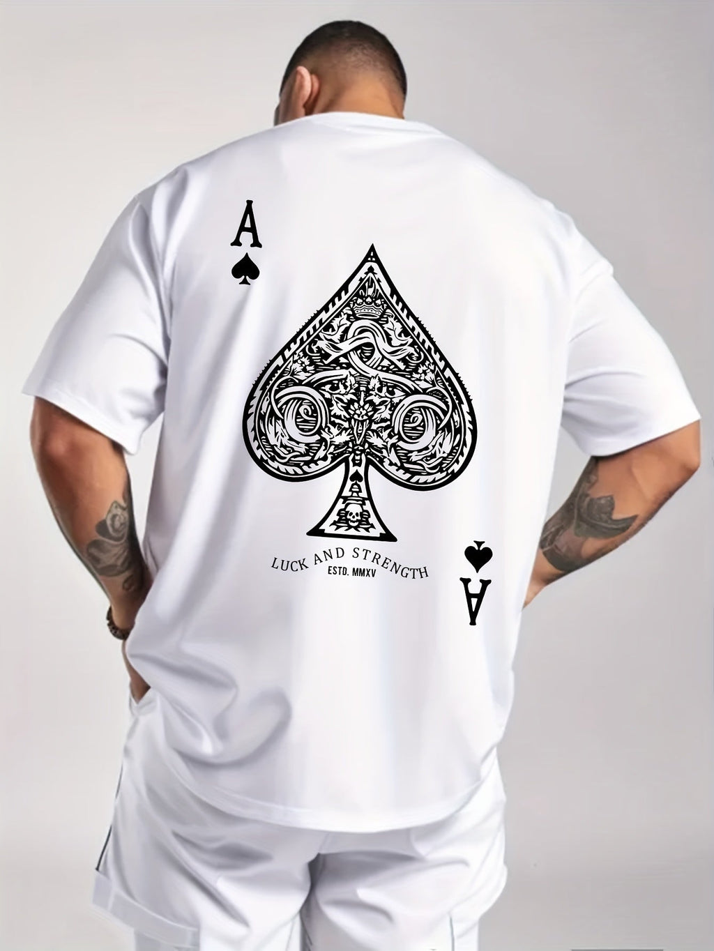 Men's Black Peach a Poker Pattern Casual T-shirt-Soft Polyester Blending, Round Neck, Short Sleeve, Machine Washable