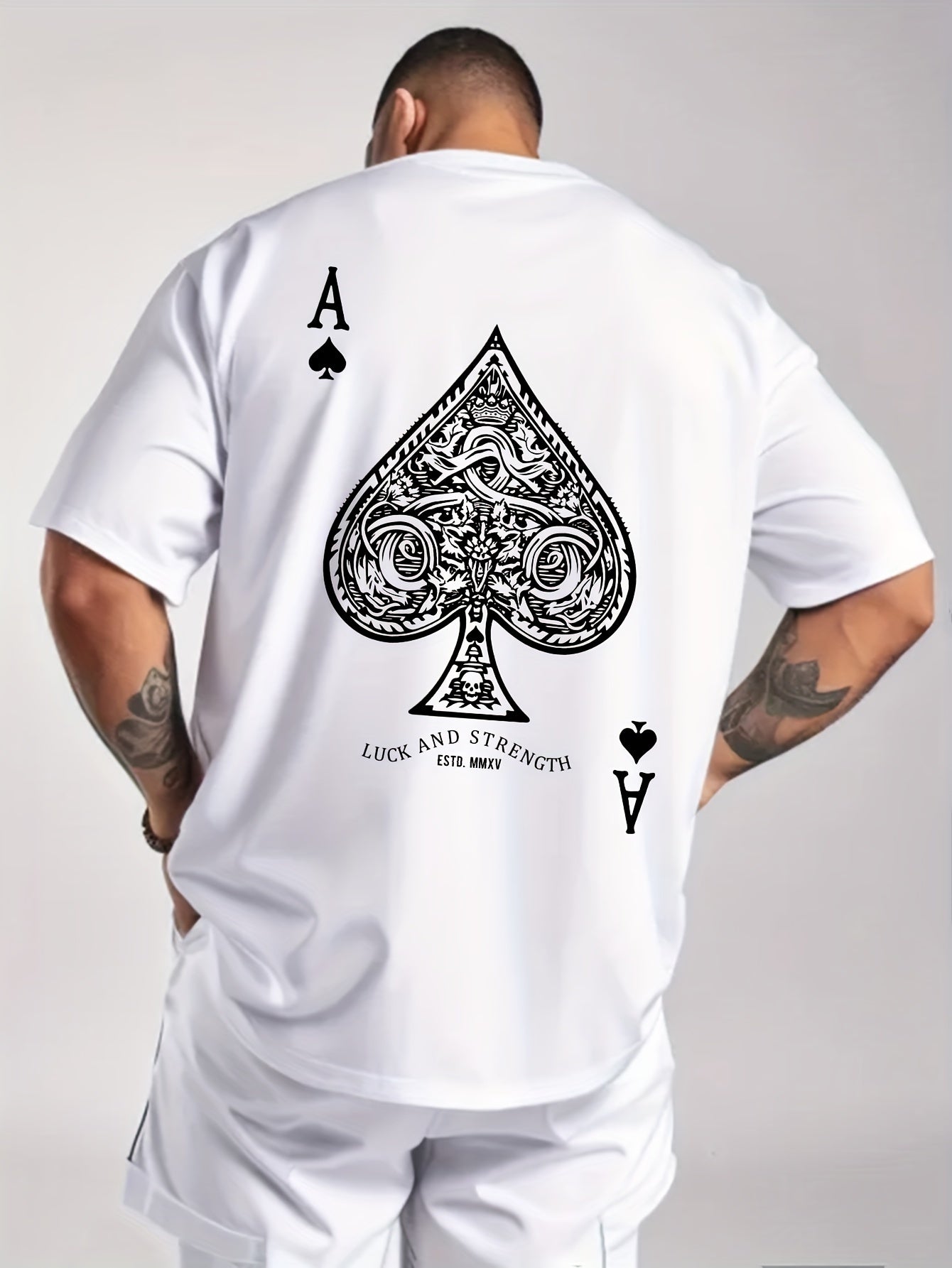 Men's Black Peach a Poker Pattern Casual T-shirt-Soft Polyester Blending, Round Neck, Short Sleeve, Machine Washable