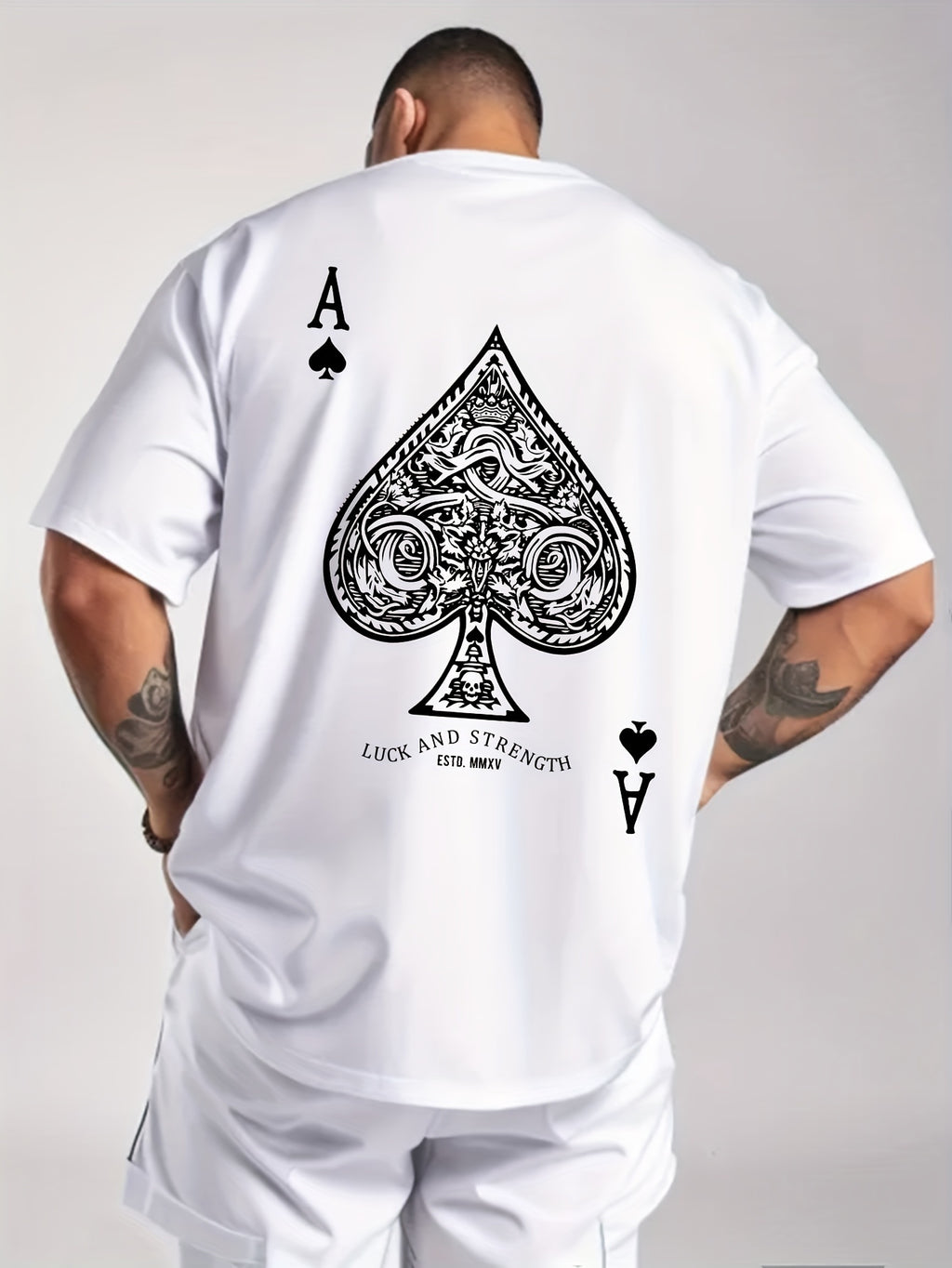Men's Black Peach a Poker Pattern Casual T-shirt-Soft Polyester Blending, Round Neck, Short Sleeve, Machine Washable