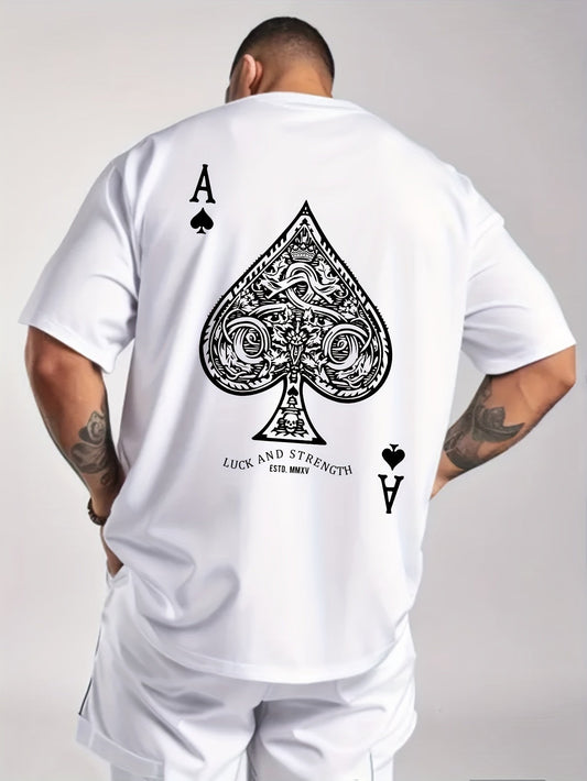 Men's Black Peach a Poker Pattern Casual T-shirt-Soft Polyester Blending, Round Neck, Short Sleeve, Machine Washable