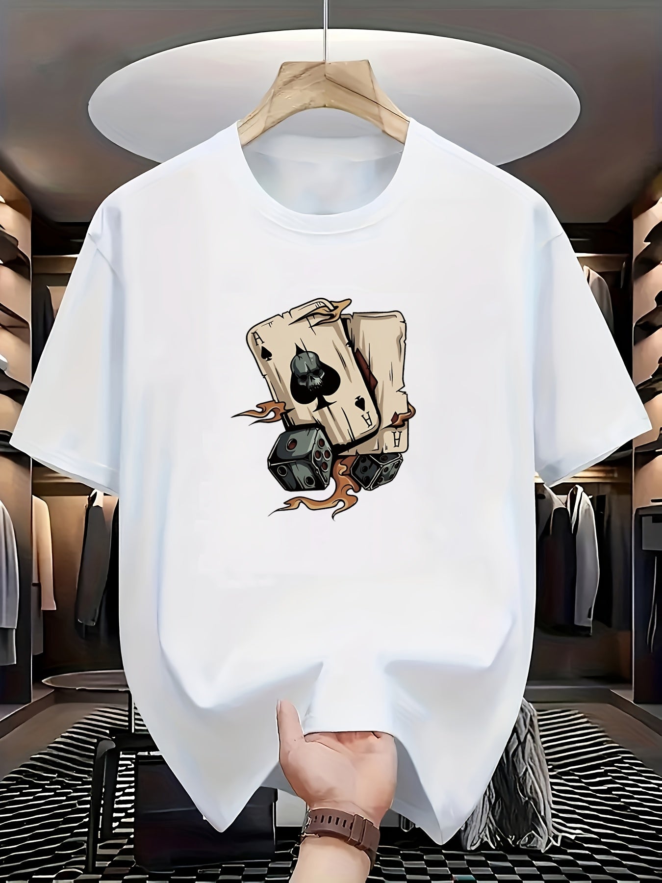 Men's Fashion Printed T-Shirt with Perfect Combination of Poker Cards and Dice Design