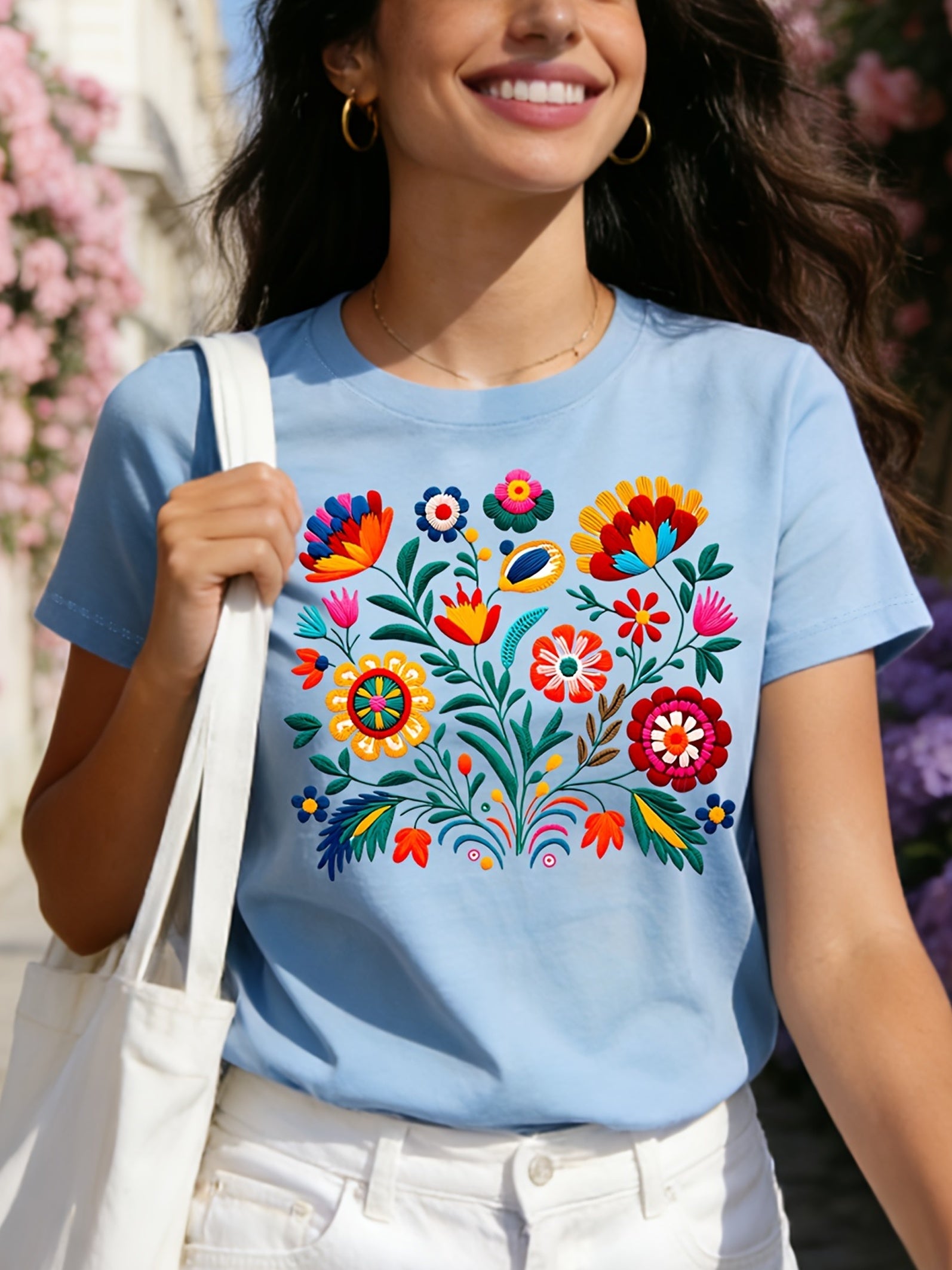 Mexican Color Floral Fiesta Letter Print T-shirt, Casual Short Sleeve Crew Neck Top Women's Clothing