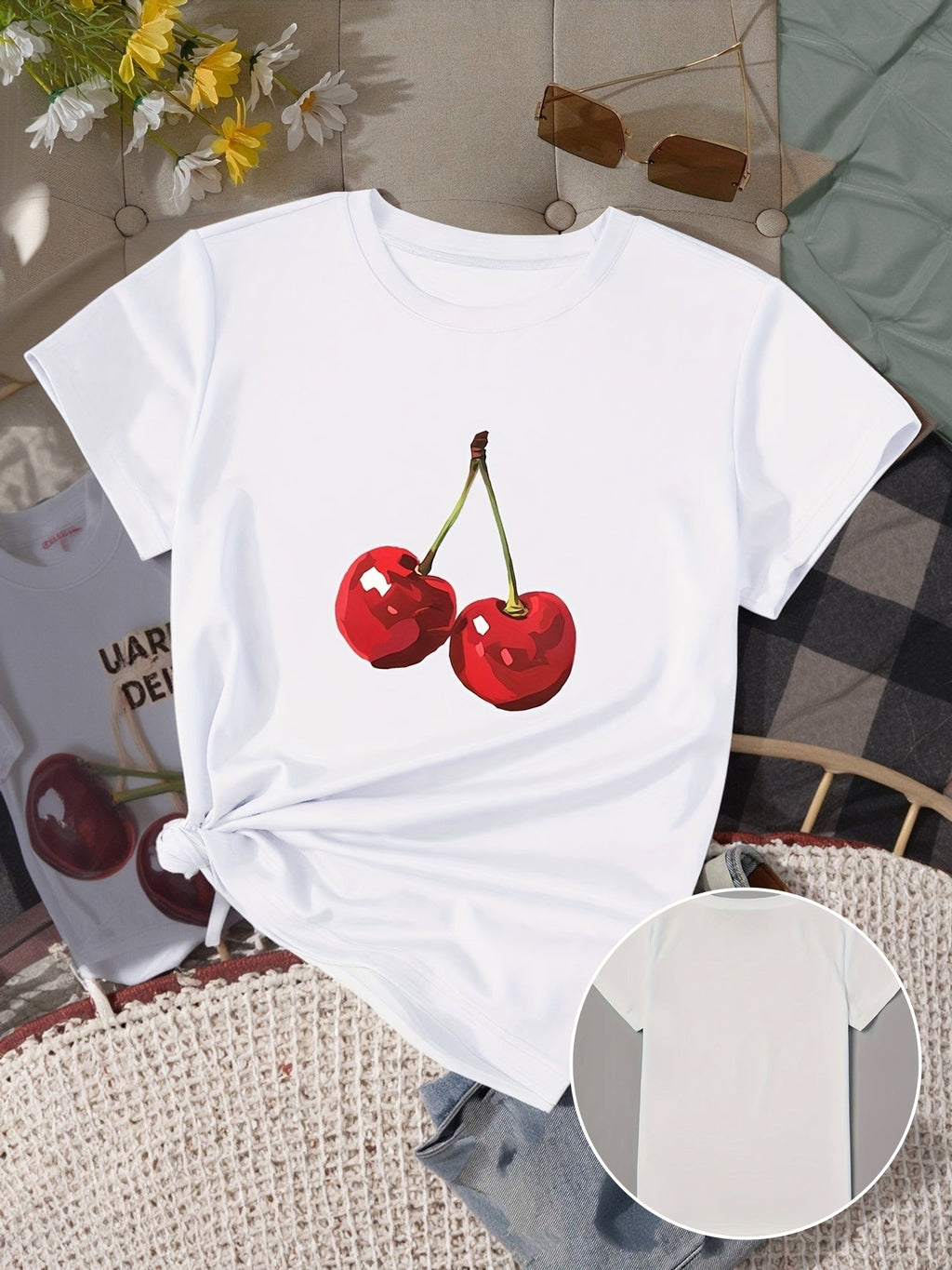 Cherry Print T-shirt, Short Sleeve Crew Neck Casual Top for Summer & Spring, Women's Clothing