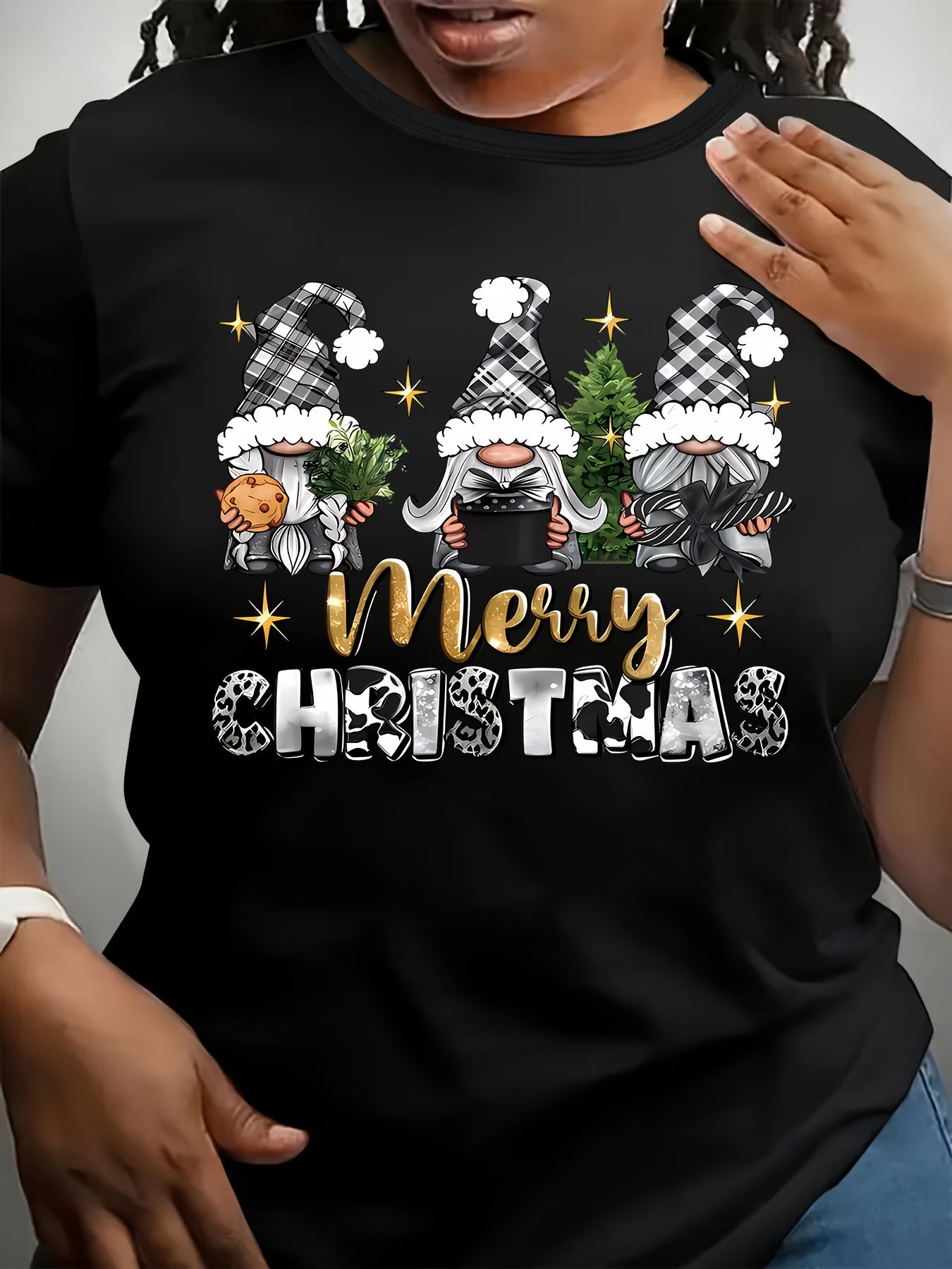 Plus Size Women's Casual Christmas Graphic T-Shirt - Festive Gnome & Merry Christmas Letter Print, Soft Short Sleeve Round Neck Tee for Holiday Parties & Casual Attire, Relaxed Fit Tee, Machine Washable Shirt