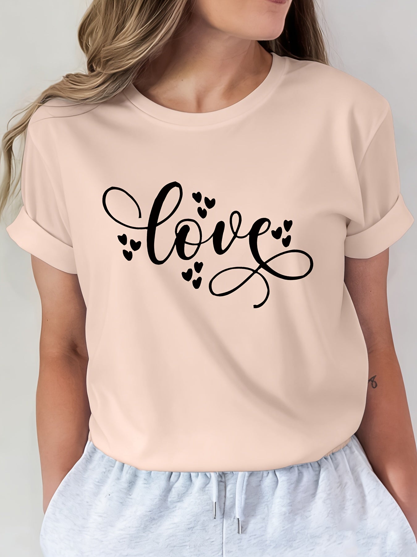 Letter Print T-Shirt, Short Sleeve Crew Neck Casual Top for Summer And Spring, Women'S Clothing