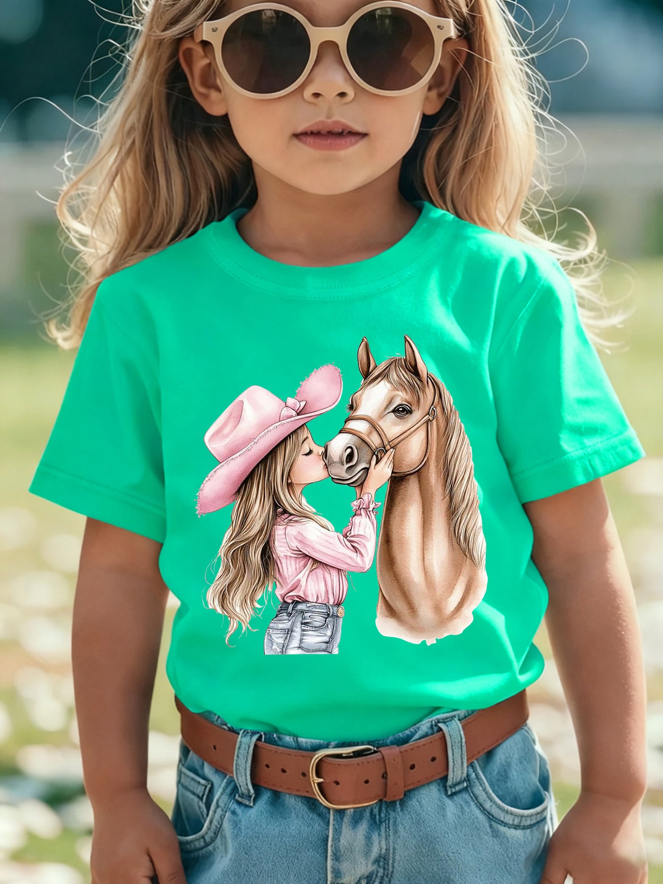 Girls' Summer Short Sleeve T-Shirt with Kissable Horse & Mara' Cartoon Patch - Pink Casual Round Neck Blouse for Equestrian Outfits NY-DX7632