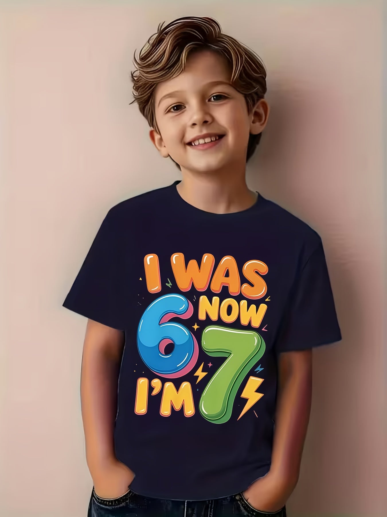 7th Birthday T-Shirt - Fun "I'm 6, Now I'm 7" Number 67 Design with Balloons and Confetti - Soft, Breathable Crewneck Casual Tee for 7-Year-Old Boys - Comfortable All-Season Birthday Party Outfit - Ideal Gift for 7th Birthday Celebrations