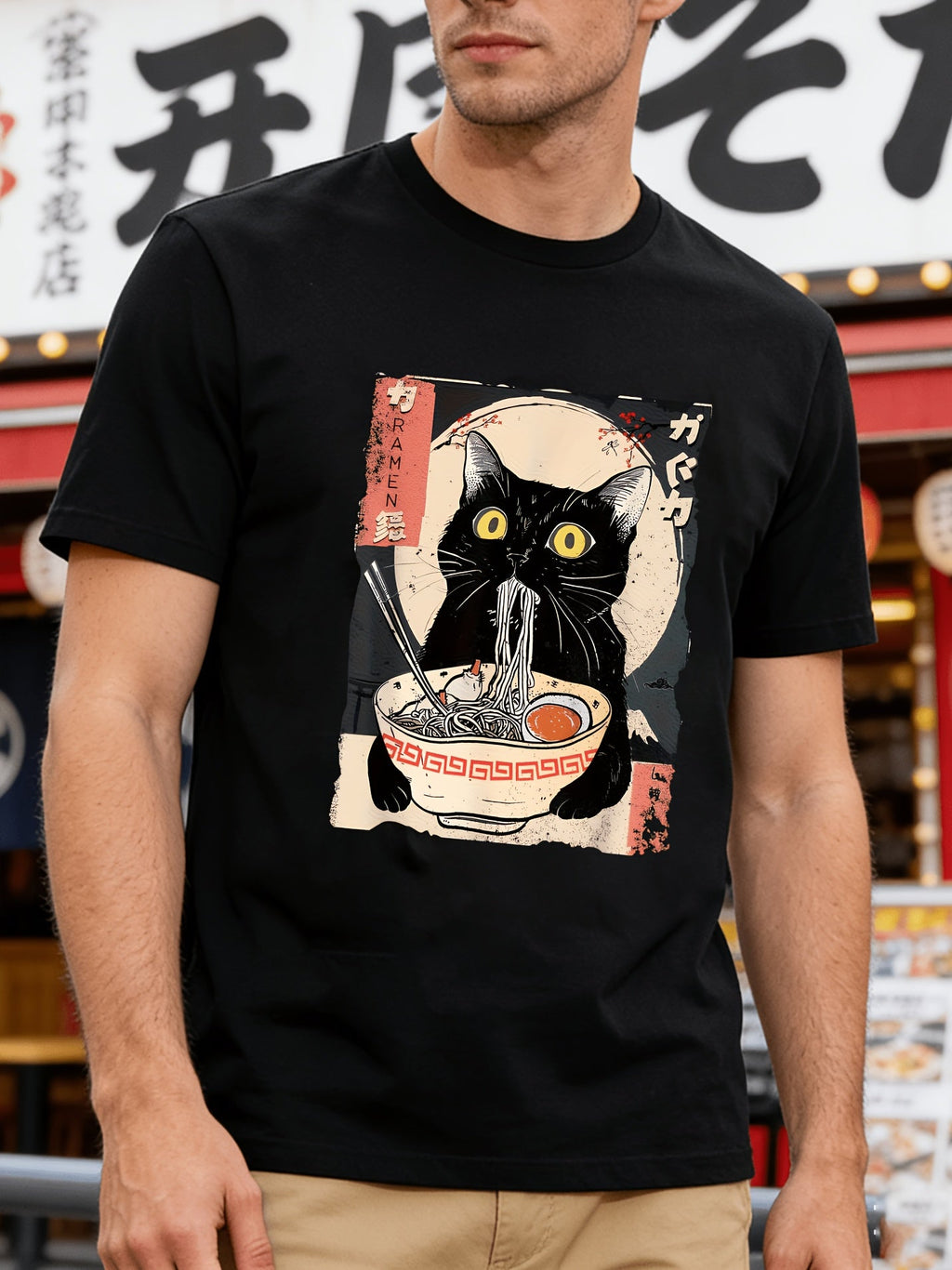 Men's Vintage Japanese Ramen Cat T-Shirt - Kitten Eating Noodles Print Round Neck Short Sleeve, Anime Cat & Ramen Lovers Casual Shirt, Machine Washable Comfortable Casual Attire