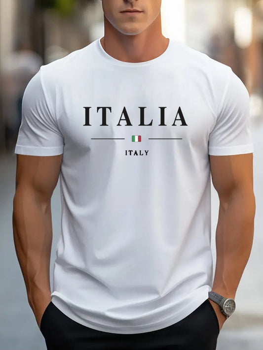 ITALIA Mens TShirt Comfortable Crew Neck Casual Cotton ShortSleeves Soft Breathable Top Menswear Tshirt Summer Spring Streetwear Cotton Fabric Trendy Letter Print