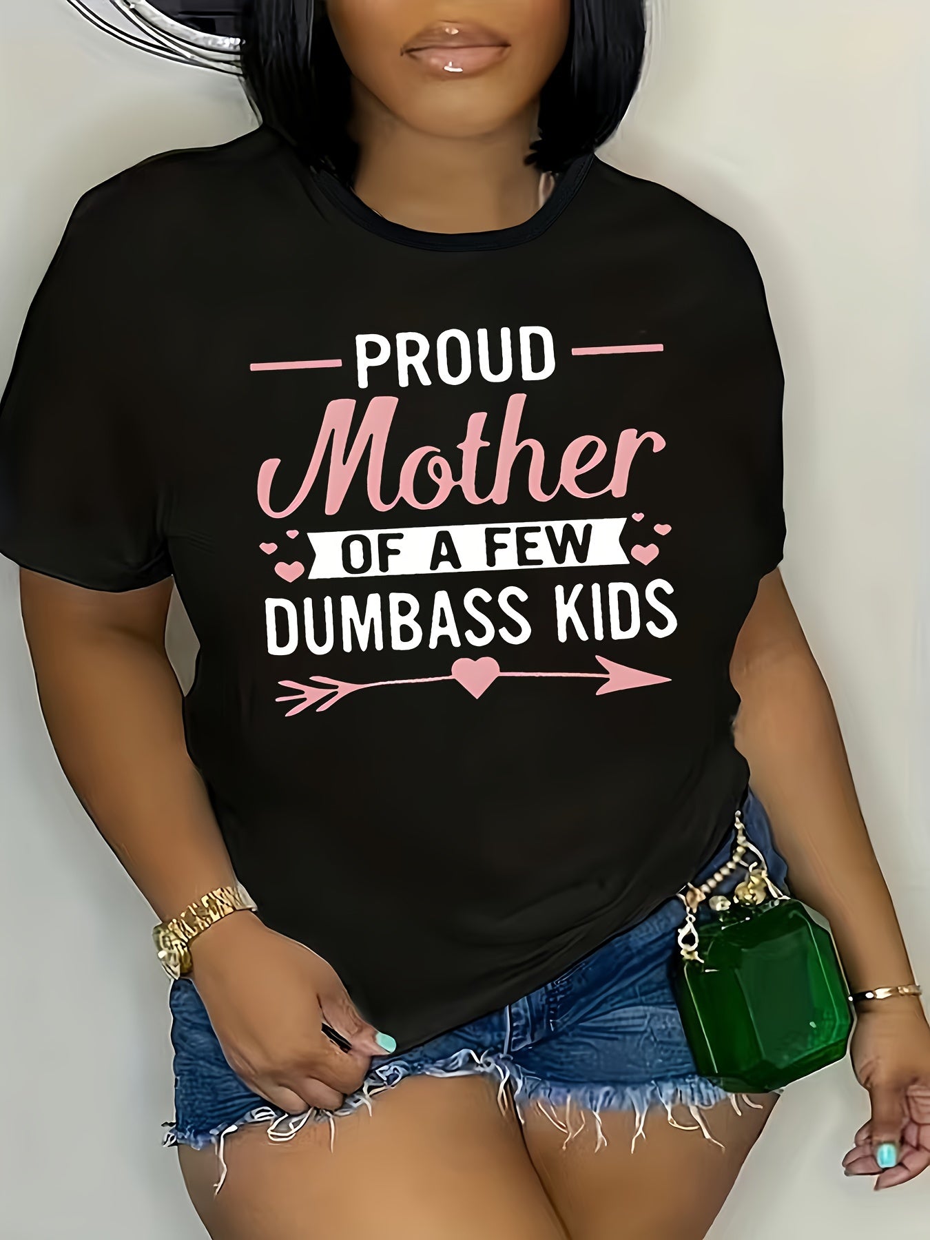 Plus Size Mother Print T-shirt, Casual Short Sleeve Crew Neck Top For Spring & Summer, Women's Plus Size Clothing