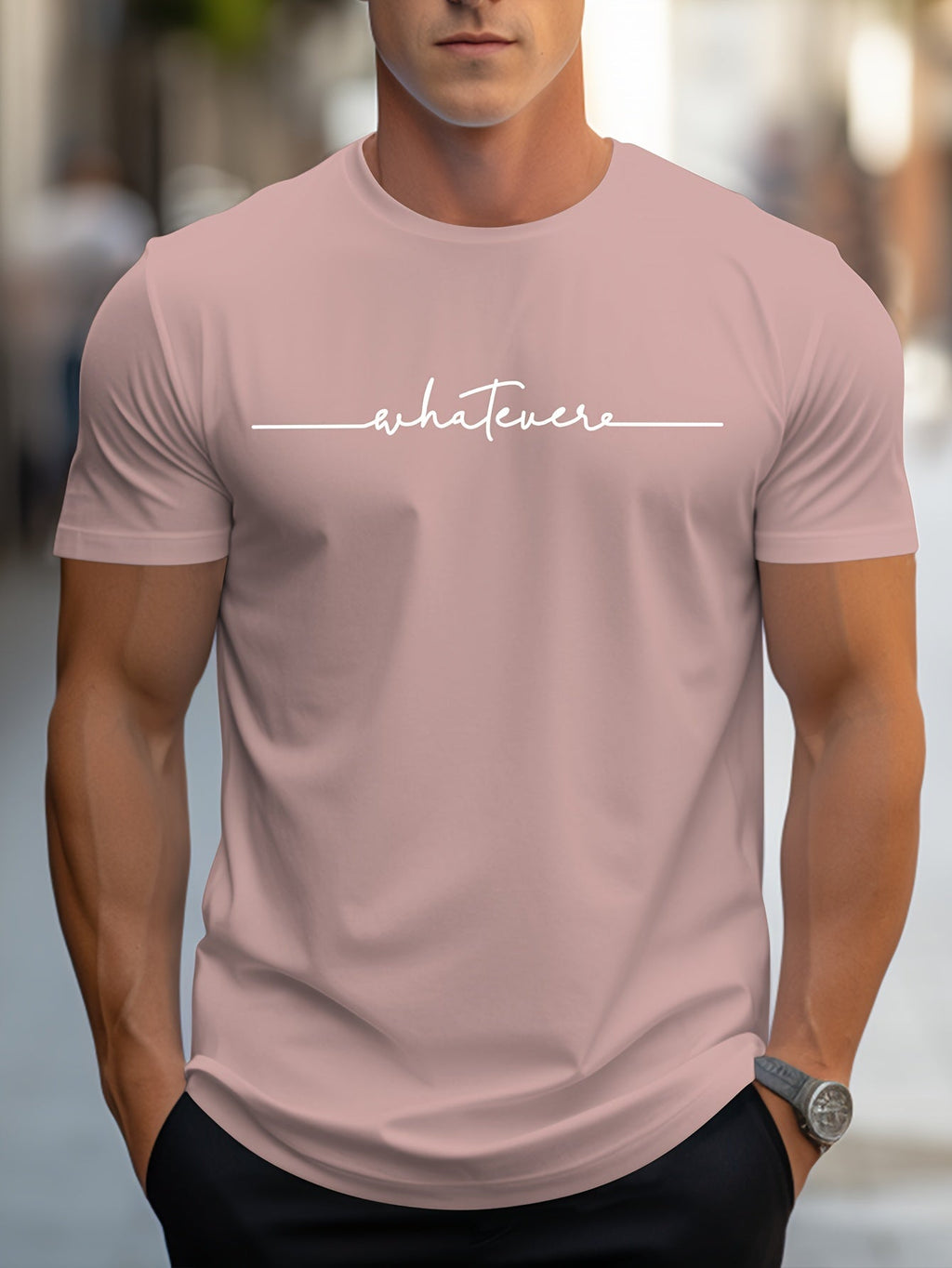 Men's English Art Print Crew Neck T-Shirt, Minimalist Lettering! Stylish Handwritten Alphabet Short Sleeve Casual Essential! Low-Key Sophisticated! Lazy Style! Handwritten Letter Print Tee