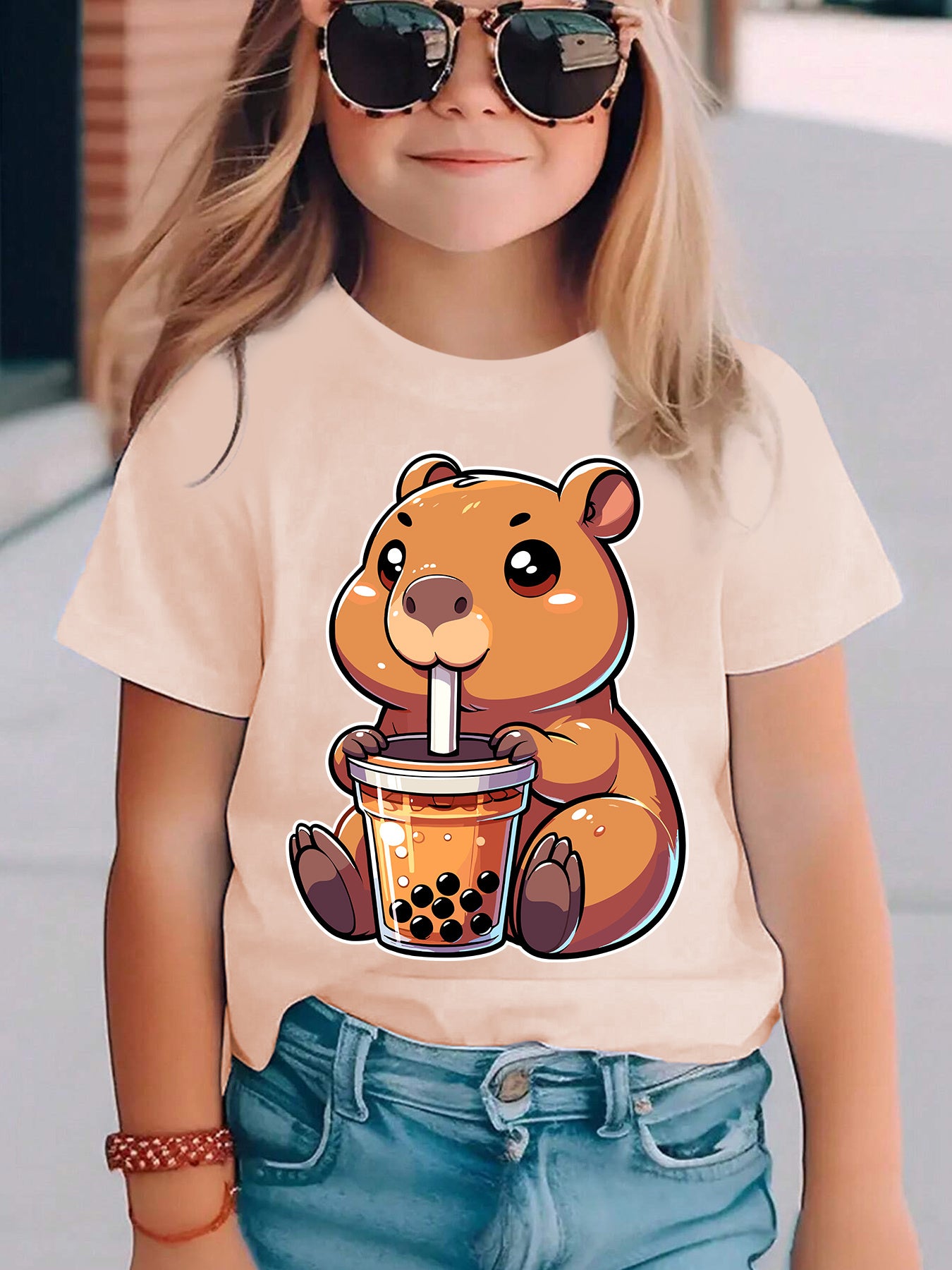 Girls' Summer Short Sleeve T-Shirt with Cute Bear Drinking Boba Milk Tea & Letter Print Round Neck Blouse - Casual Summer Top for, Playdates, Casual Attire - Easy-Care for & Little Girls (DX5334)