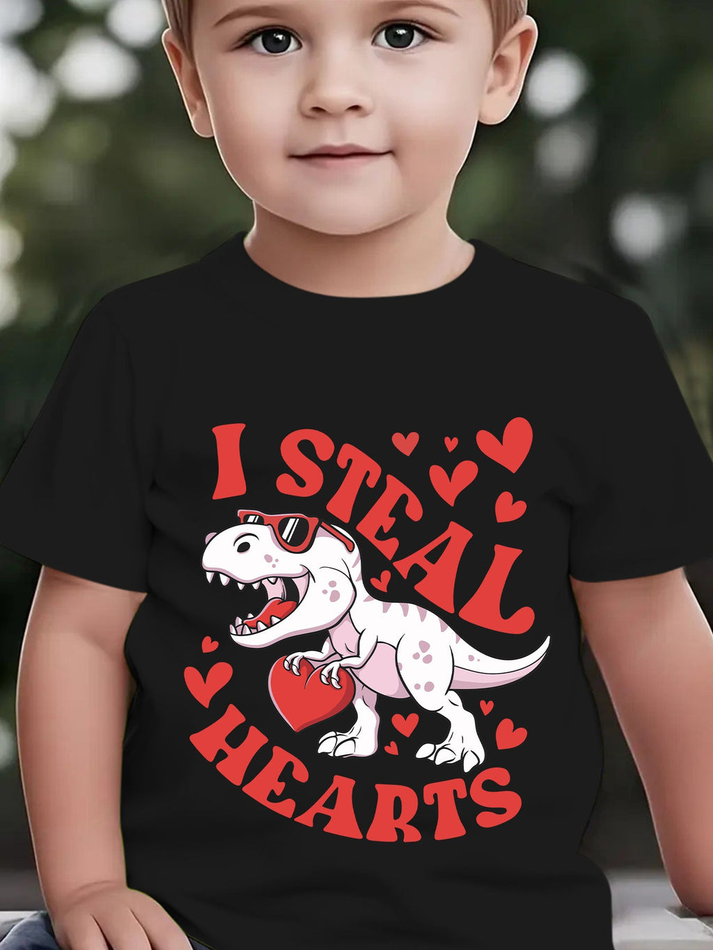 Valentine'S Day Summer Boys' Fashion Short Sleeve T-Shirt "I STEAL HEARTS" Holding Heart Dinosaur Cartoon Pattern Print Outdoor Casual Top NY-DX4923