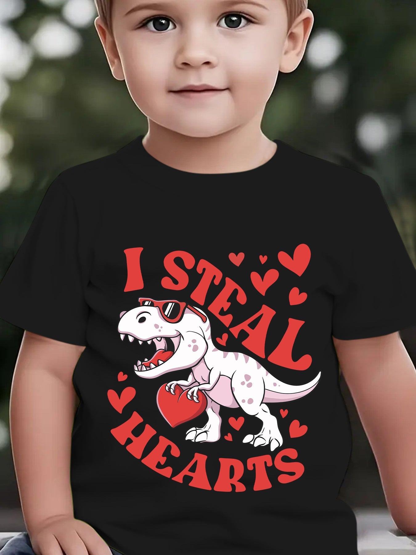Valentine'S Day Summer Boys' Fashion Short Sleeve T-Shirt "I STEAL HEARTS" Holding Heart Dinosaur Cartoon Pattern Print Outdoor Casual Top NY-DX4923