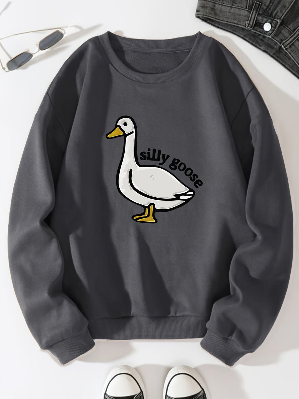 Silly Goose Print Crew Neck Fleece Sweatshirt Warm Pullover For Men Solid Color Sweatshirts For Winter Fall Long Sleeve Tops