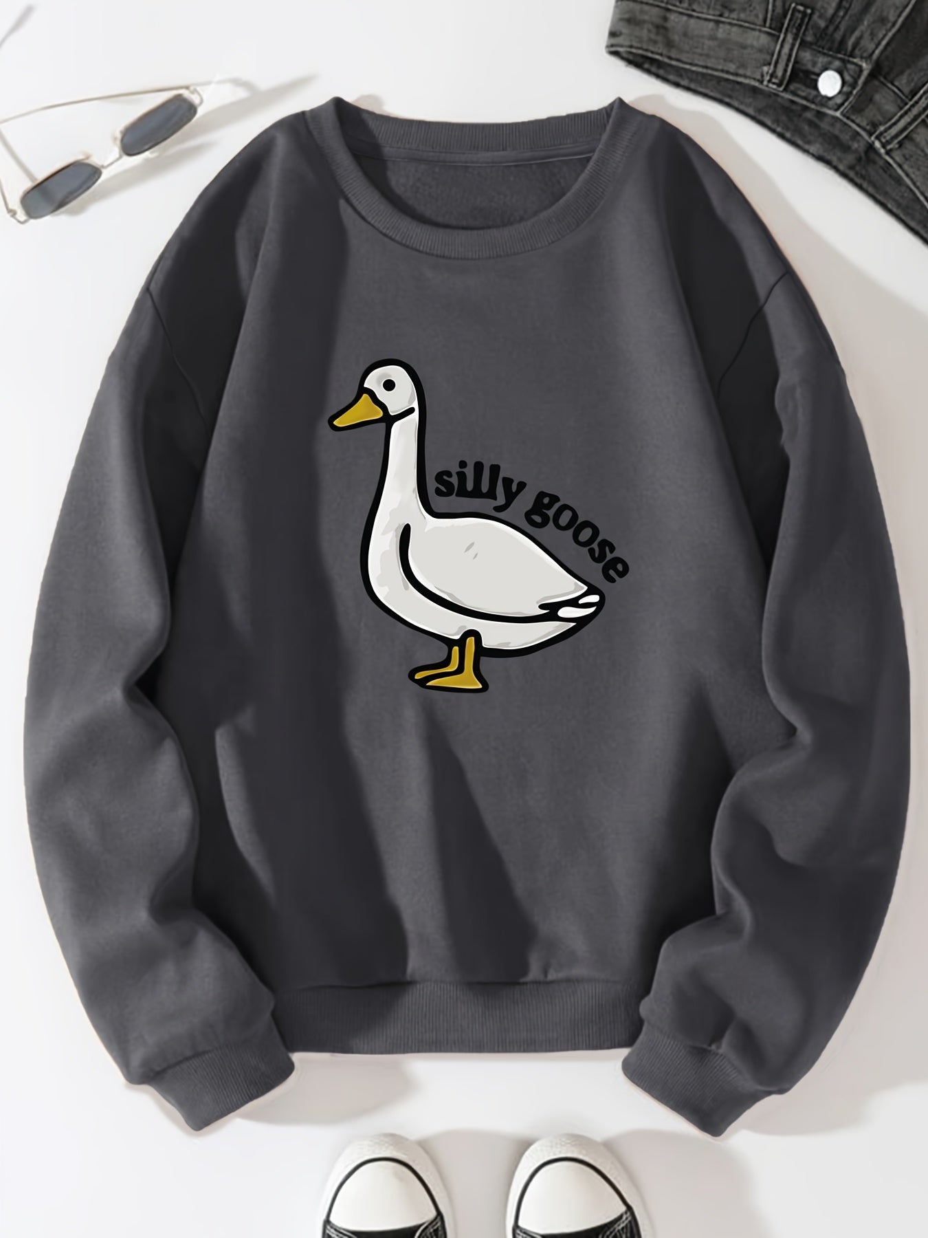 Silly Goose Print Crew Neck Fleece Sweatshirt Warm Pullover For Men Solid Color Sweatshirts For Winter Fall Long Sleeve Tops