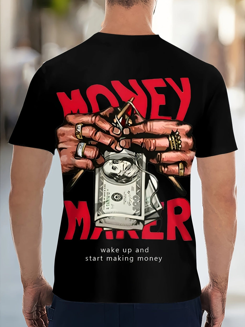 Hands With Money Print Men's Crew Neck Fashionable Short Sleeve Sports T-shirt, Comfortable And Versatile, For Summer And Spring, Athletic Style, Comfort Fit T-Shirt, As Gifts
