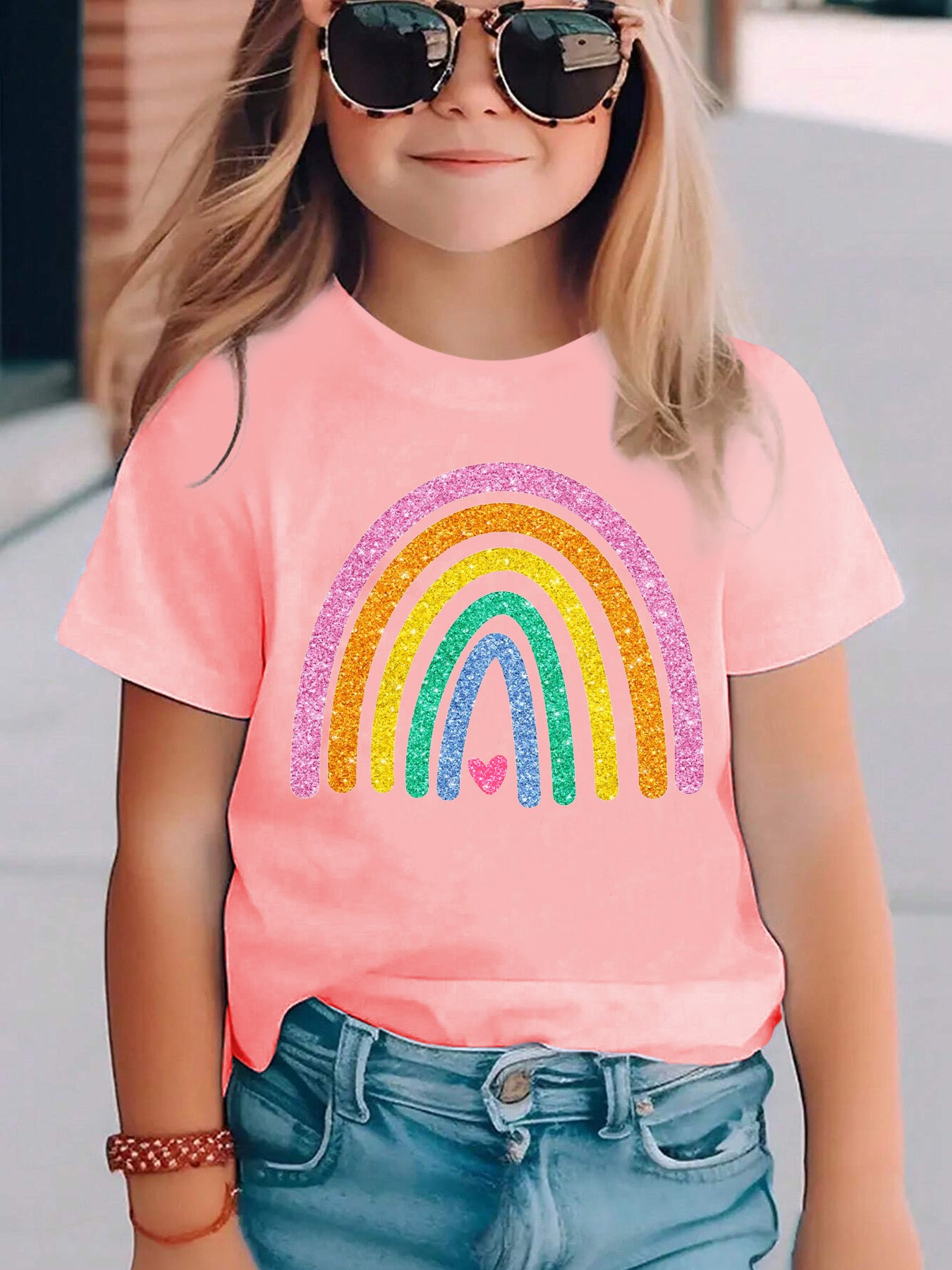 Summer Fashion Girls' Short Sleeve T-Shirt with Rainbow Heart Print, Casual Versatile Top NY-DX5490