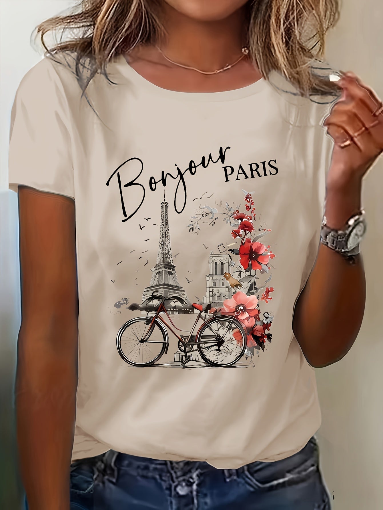 Summer Fashion Paris Print Casual Regular Fit Round Neck Short Sleeve T-Shirt