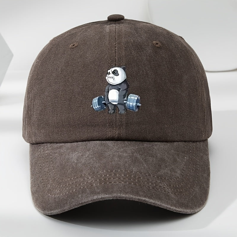 Cartoon Panda Print Baseball Cap, Washed Distressed Classic Flat Brim Hat, Soft Top Comfortable Moisture-Wicking Breathable Cap