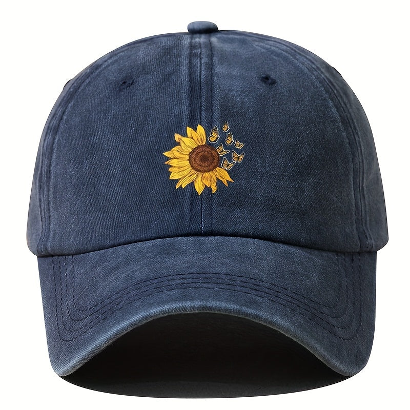 1pc Unisex Sunshade Washed Distressed Baseball Cap With Sunflower Butterfly Pattern For Outdoor Sport, Ideal choice for Gifts