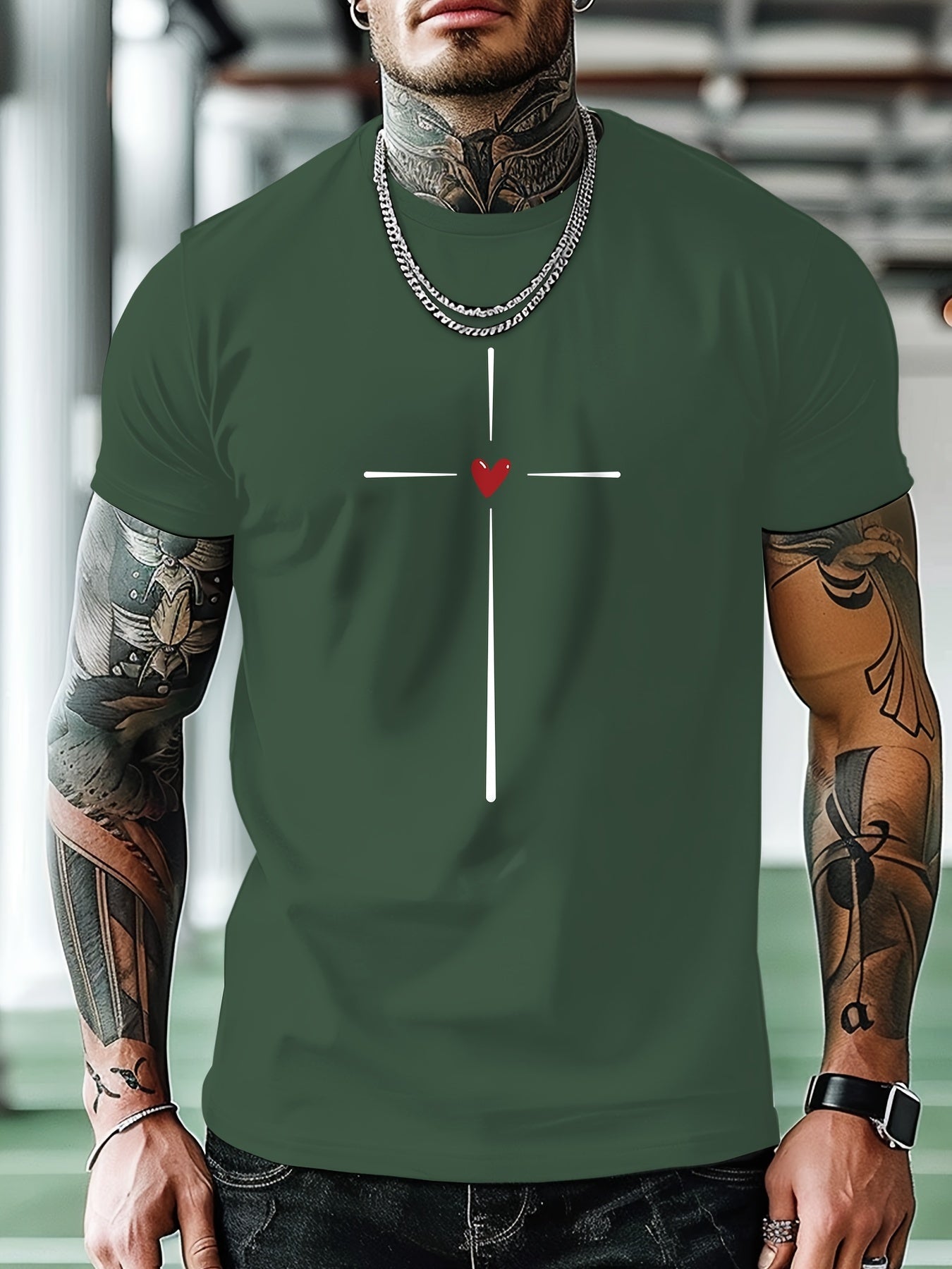 Men's Fashion Casual Cross Heart Line Print Regular Shoulder Short Sleeve T-Shirt, Comfortable and Versatile, All Seasons, Gift, Breathable, Sports